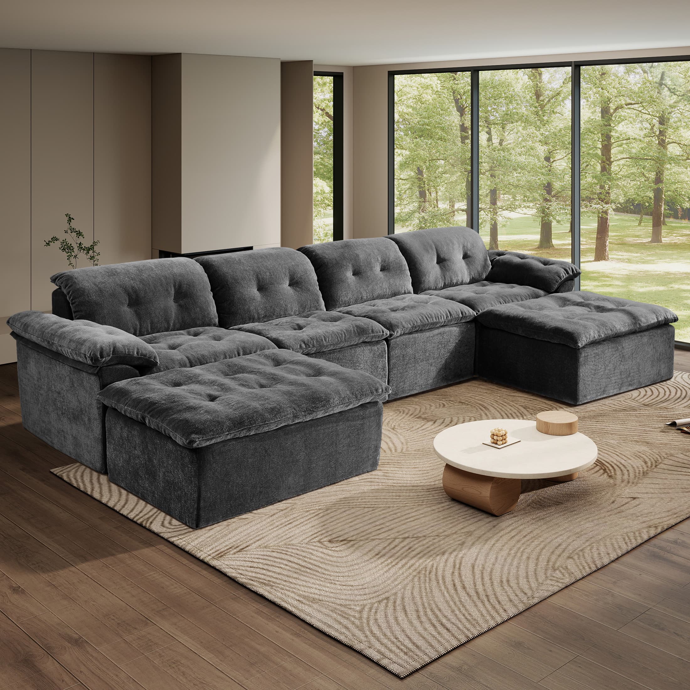 Anysun - 4-Seater Chenille Upholstery Modular Convertible Design Generous Seating Cushioned Sofa with 2 Versatile Ottomans - Dark Gray