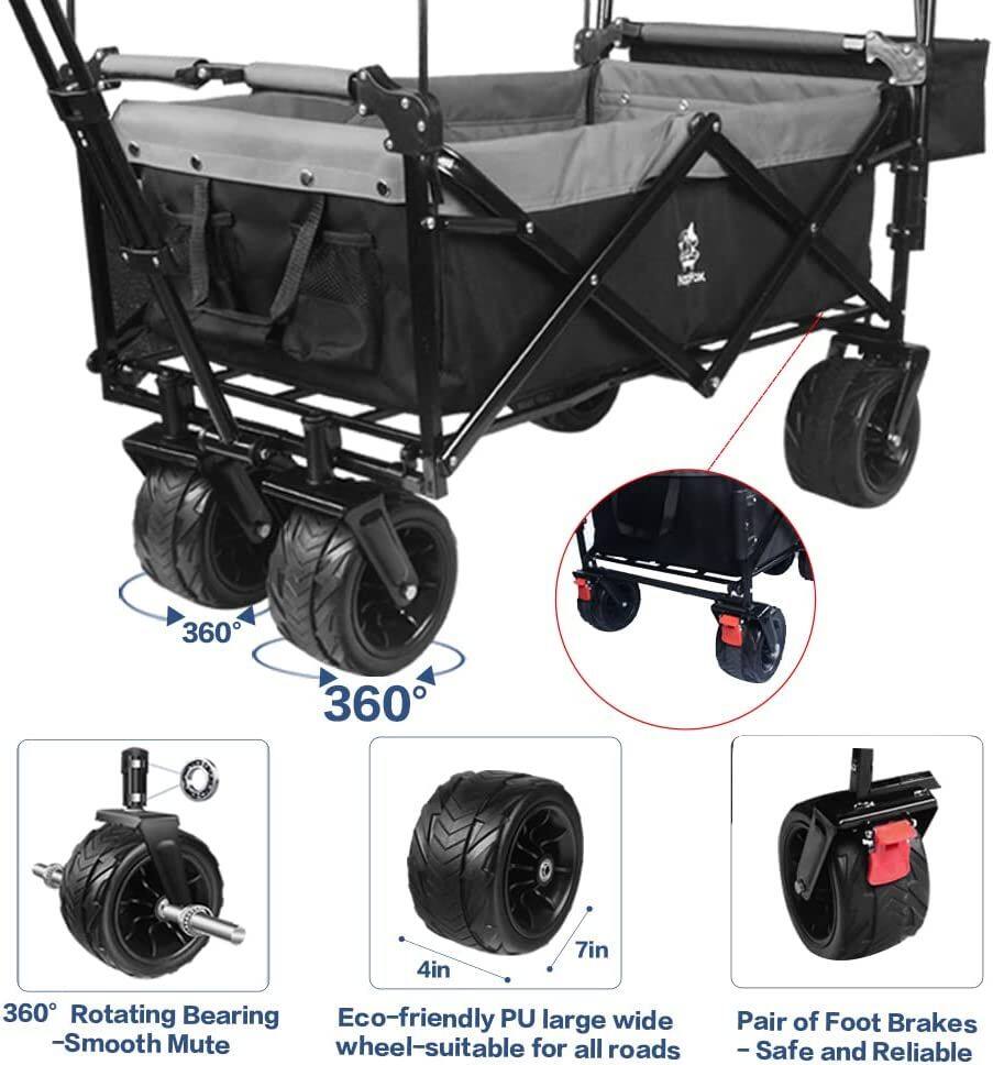 360° Rotating Bearing - Smooth Mute  
Eco-friendly PU large wide wheel - suitable for all roads  
Pair of Foot Brakes - Safe and Reliable