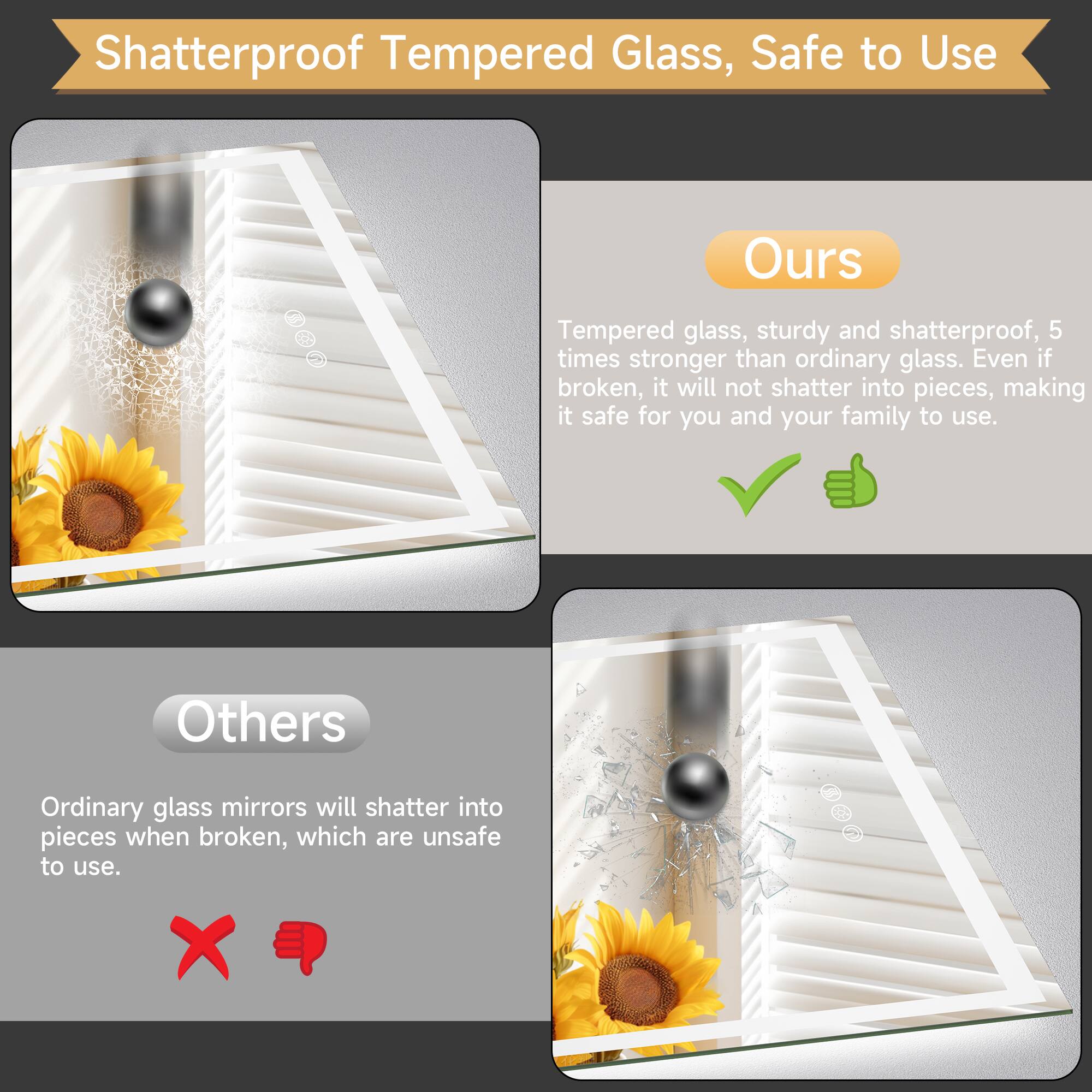 Shatterproof Tempered Glass, Safe to Use

Ours
Tempered glass, sturdy and shatterproof, 5 times stronger than ordinary glass. Even if broken, it will not shatter into pieces, making it safe for you and your family to use.

Others
Ordinary glass mirrors will shatter into pieces when broken, which are unsafe to use.
