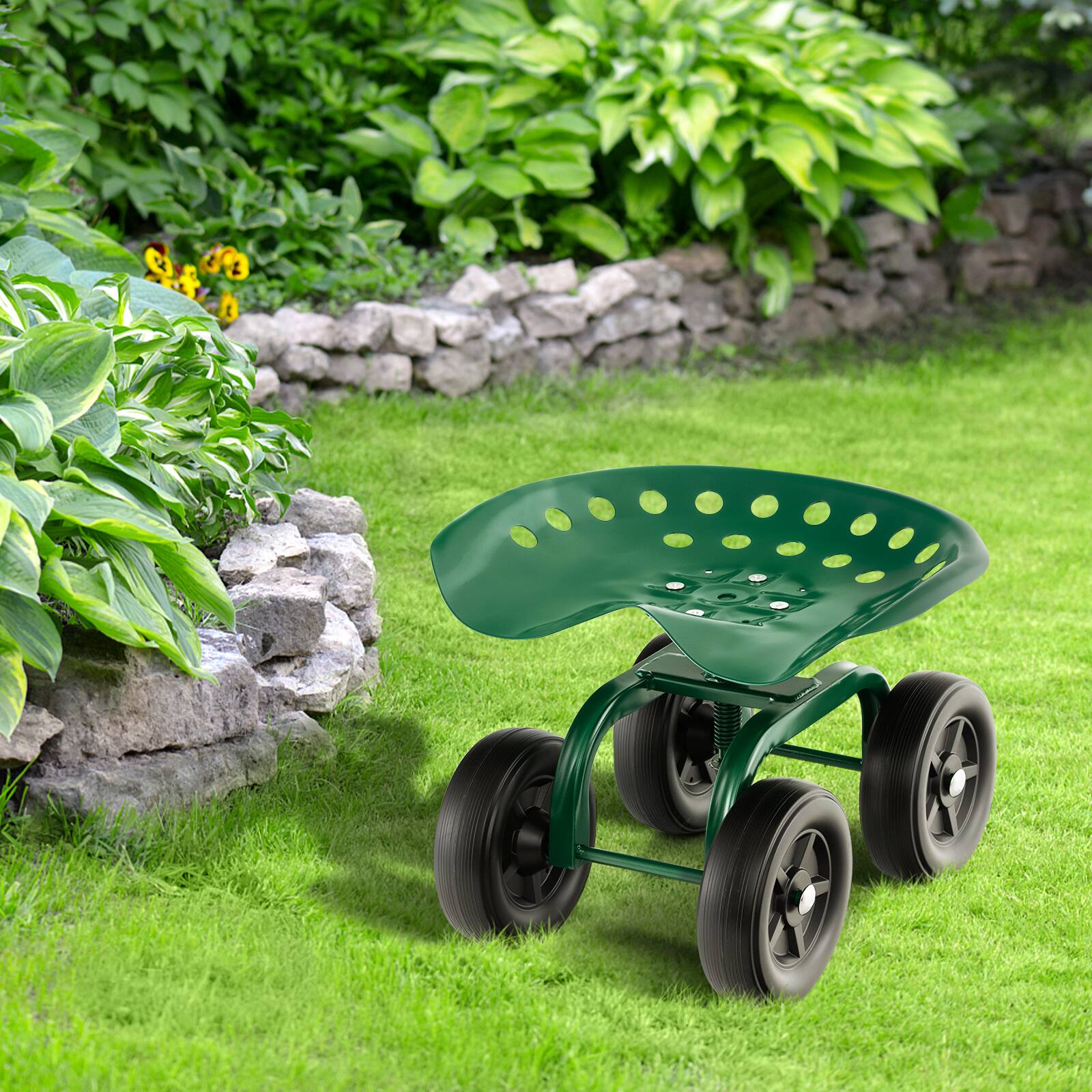 Alt View 5. SKONYON - Garden Rolling Work Seat with Adjustable Height Durable Frame and High Weight Capacity - Green.