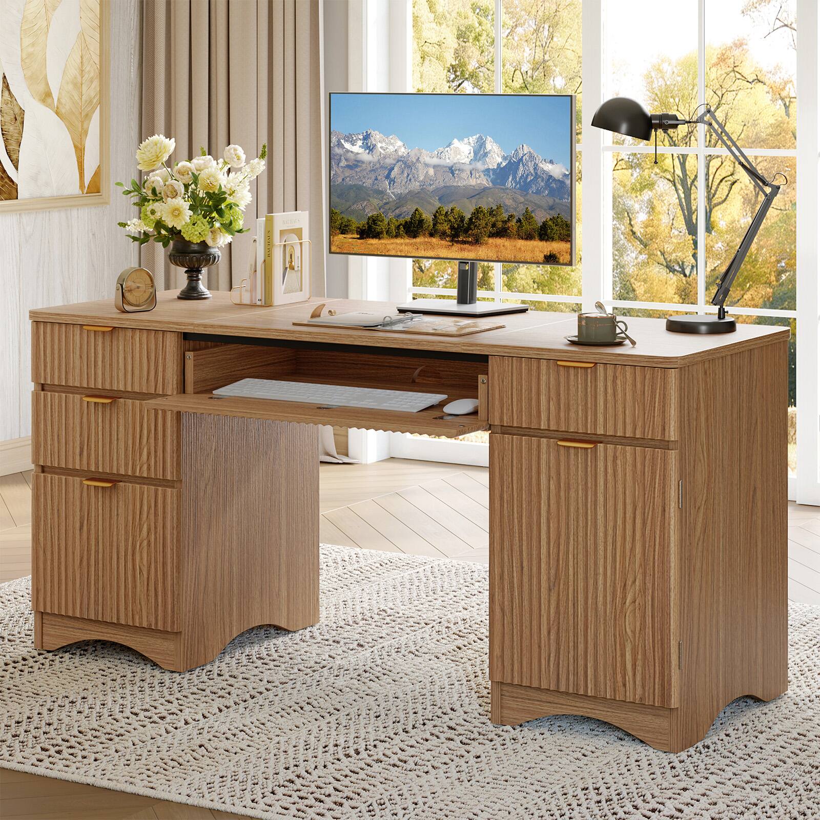 Left. Bestier - 63" Fluted Executive Desk Modern Home Office Computer Desk with 4 Drawers, Flip-Down Keyboard Tray& File Cabinet - Brown Oak.