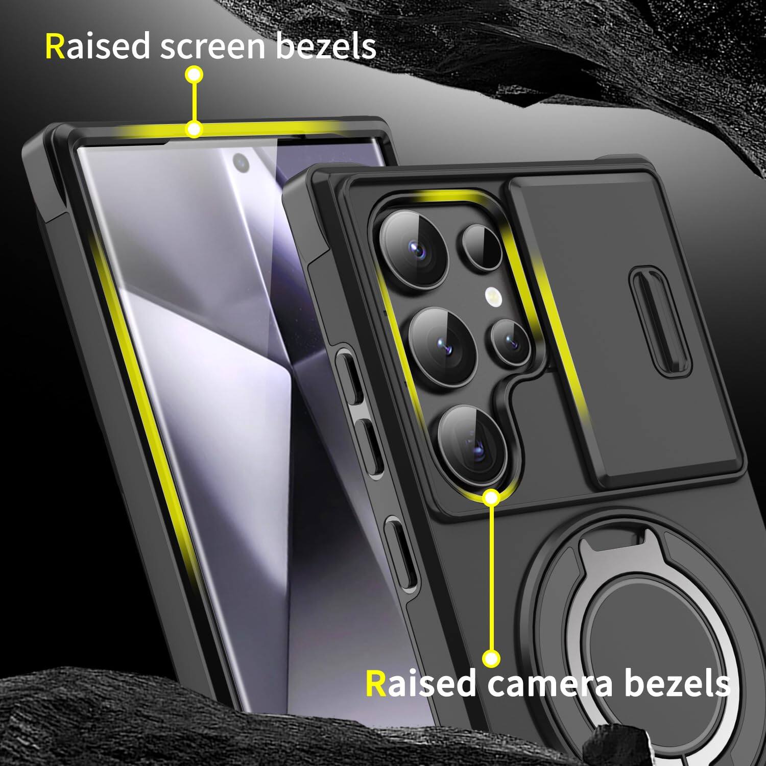 Raised screen bezels  
Raised camera bezels