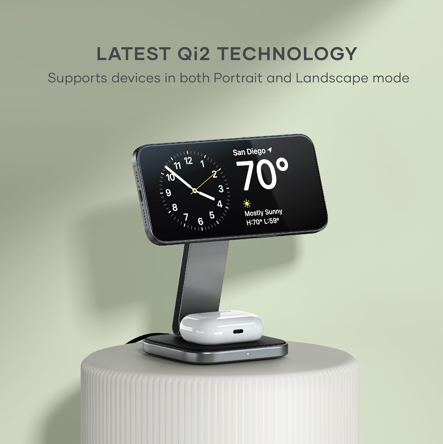 Latest Qi2 Technology Supports devices in both Portrait and Landscape mode. 12 1 11 10 9 O 8 7 6 San Diego 2 70 3 4 5 Mostly Sunny H:70 L:59