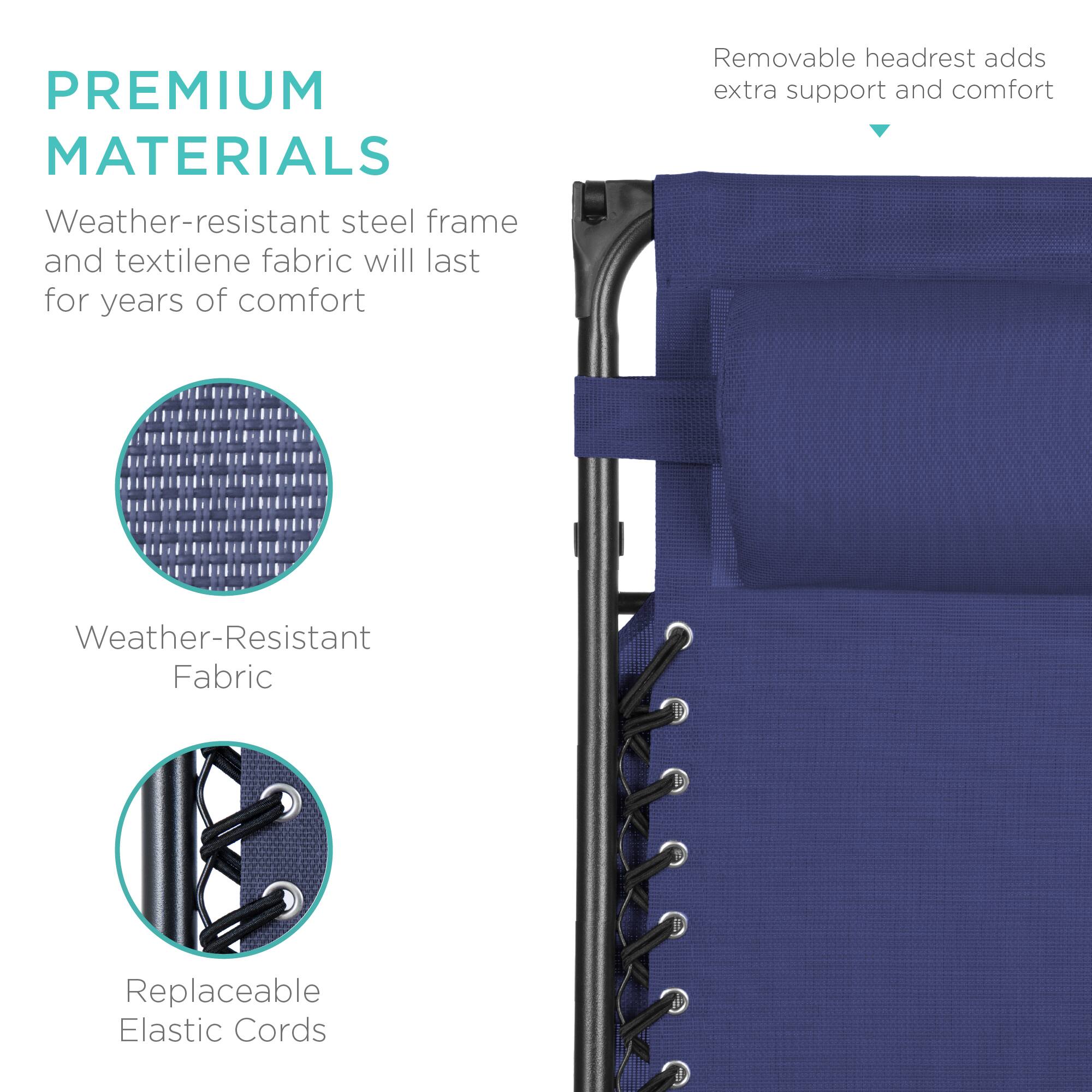 **PREMIUM MATERIALS**

Weather-resistant steel frame and textilene fabric will last for years of comfort

- Weather-Resistant Fabric
- Replaceable Elastic Cords

Removable headrest adds extra support and comfort
