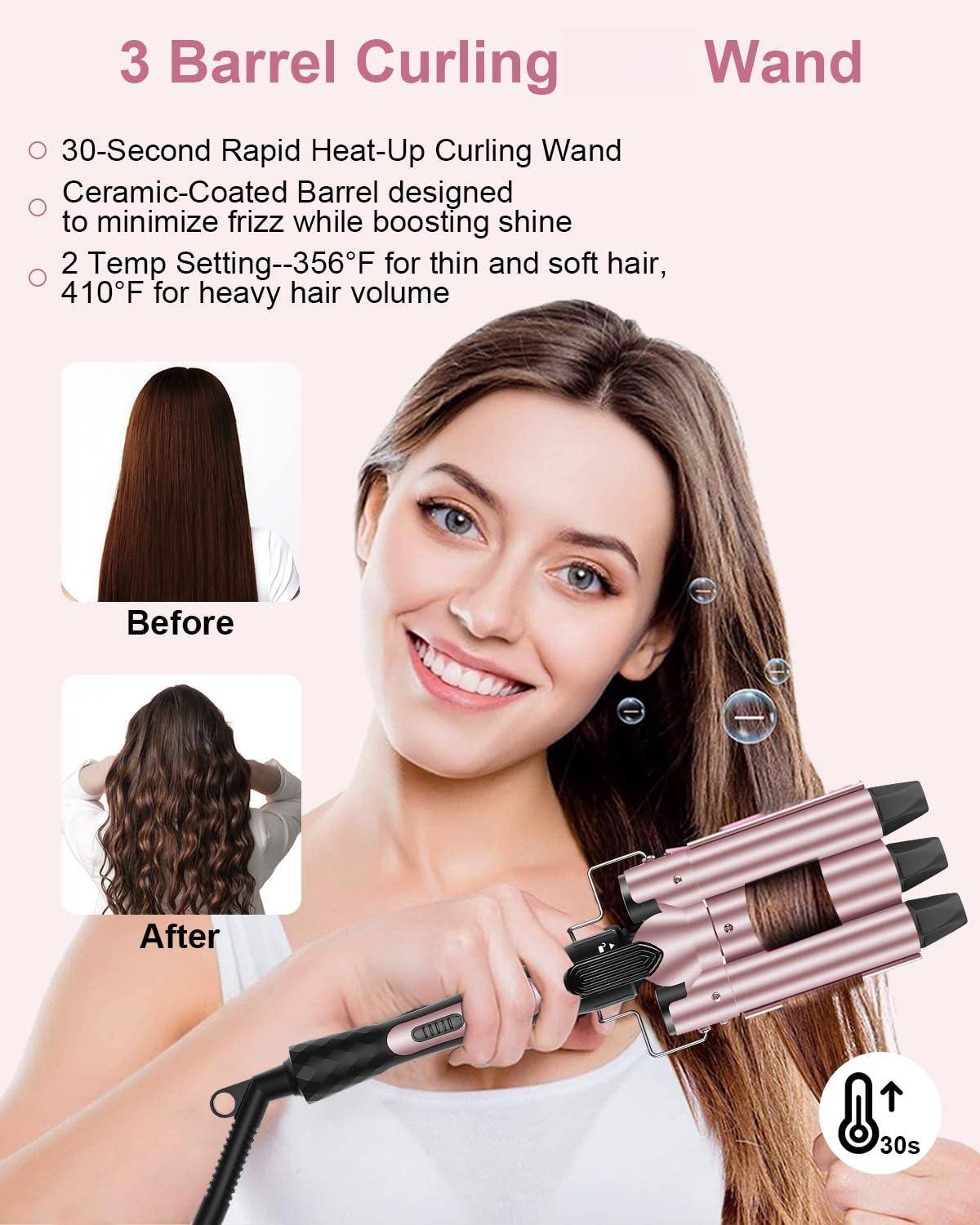 3 Barrel Curling Wand

- 30-Second Rapid Heat-Up Curling Wand
- Ceramic-Coated Barrel designed to minimize frizz while boosting shine
- 2 Temp Setting--356°F for thin and soft hair, 410°F for heavy hair volume

Before

After

30s