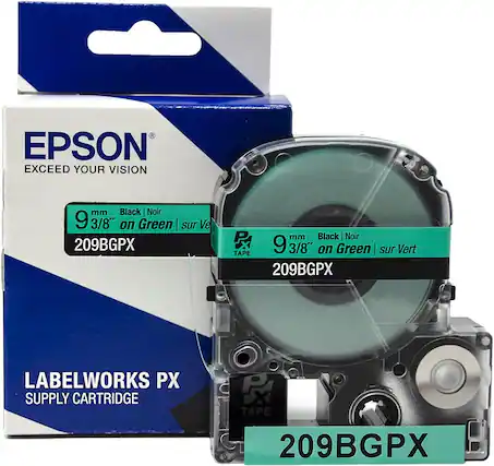 EPSON
EXCEED YOUR VISION
9 mm 3/8" Black | Noir on Green | sur Vert
209BGPX
LABELWORKS PX
SUPPLY CARTRIDGE
9 mm 3/8" Black | Noir on Green | sur Vert
209BGPX
TAPE