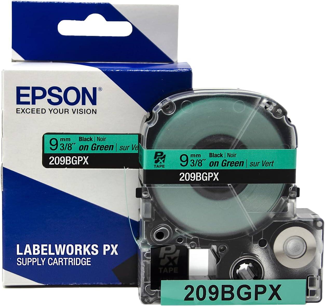 EPSON  
EXCEED YOUR VISION  

9 mm 3/8" Black | Noir on Green | sur Vert  
209BGPX  

LABELWORKS PX  
SUPPLY CARTRIDGE  

9 mm 3/8" Black | Noir on Green | sur Vert  
209BGPX  

TAPE