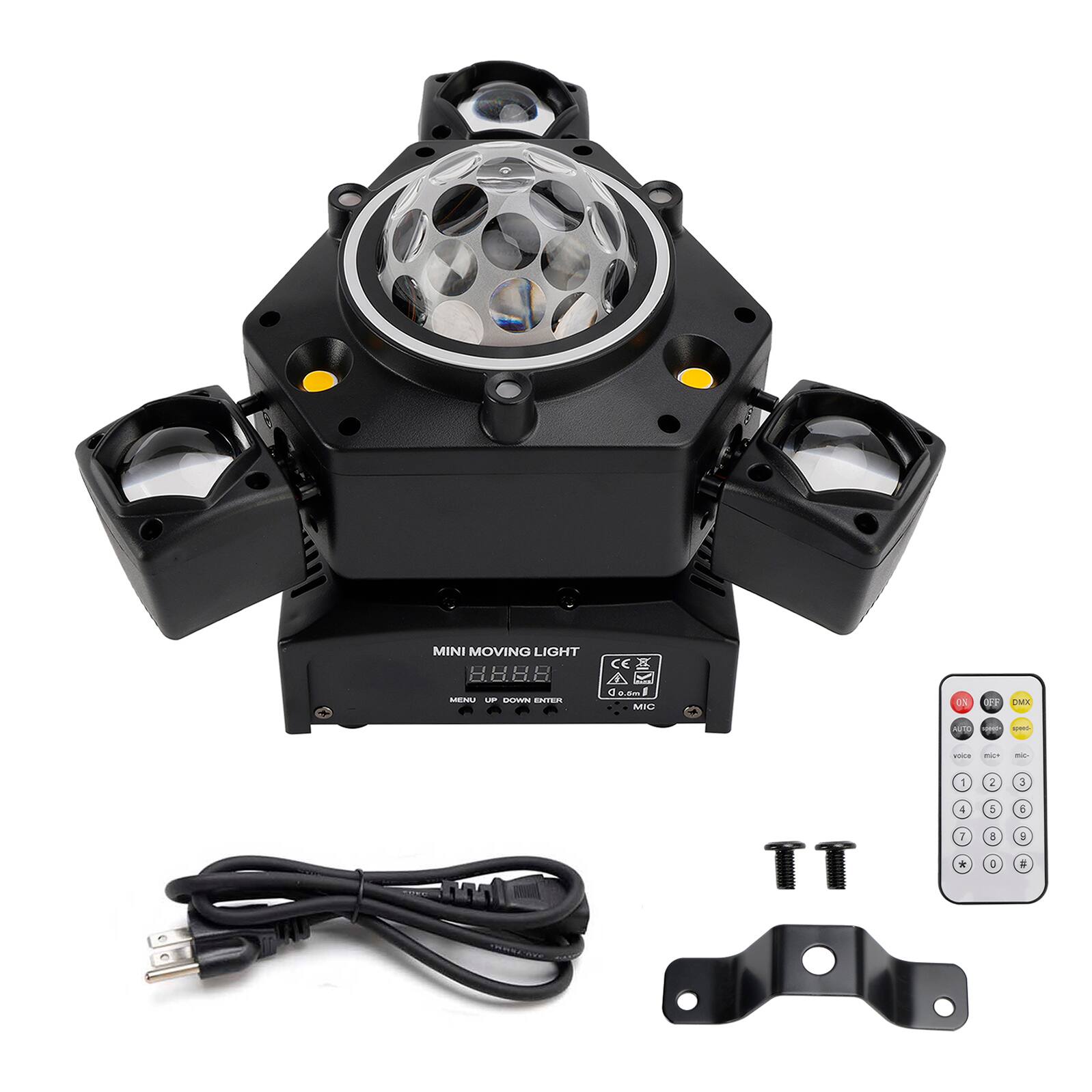MINI MOVING LIGHT  
8888  
WENU UP DOWN ENTER  
0.5m  
MIC  
IN  
OR DMX  
AUTO - peso-  
voice  
mic+  

I  
2  
8  
TT  
4 7 *  
5 8 0  
5 #