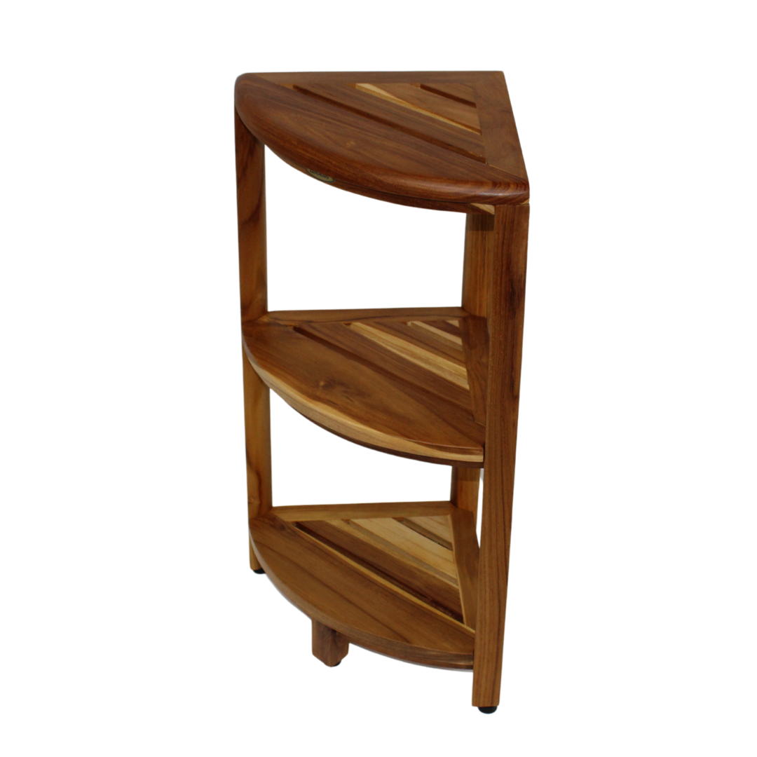 Angle. EcoDecors - EcoDecors® SnazzyCorner® 27.5"H Teak Wood 3-Tier Corner Shelf – EarthyTeak Finish - EarthyTeak.