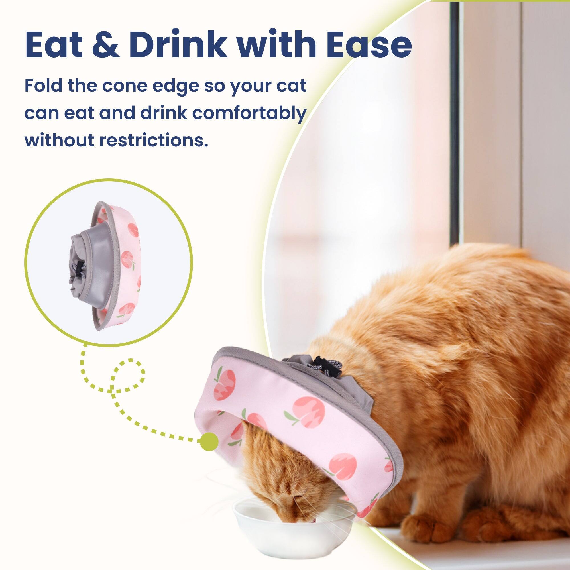 Eat & Drink with Ease

Fold the cone edge so your cat can eat and drink comfortably without restrictions.
