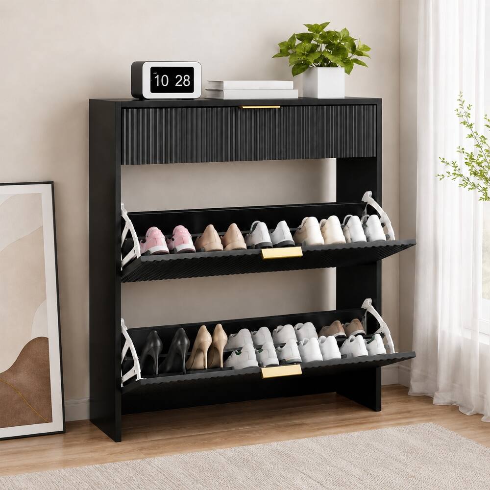 Back. Loheer - Loheer Narrow Fluted Shoe Cabinet, Black Shoe Cabinet with Gold Handles, Flip Drawers - Black.
