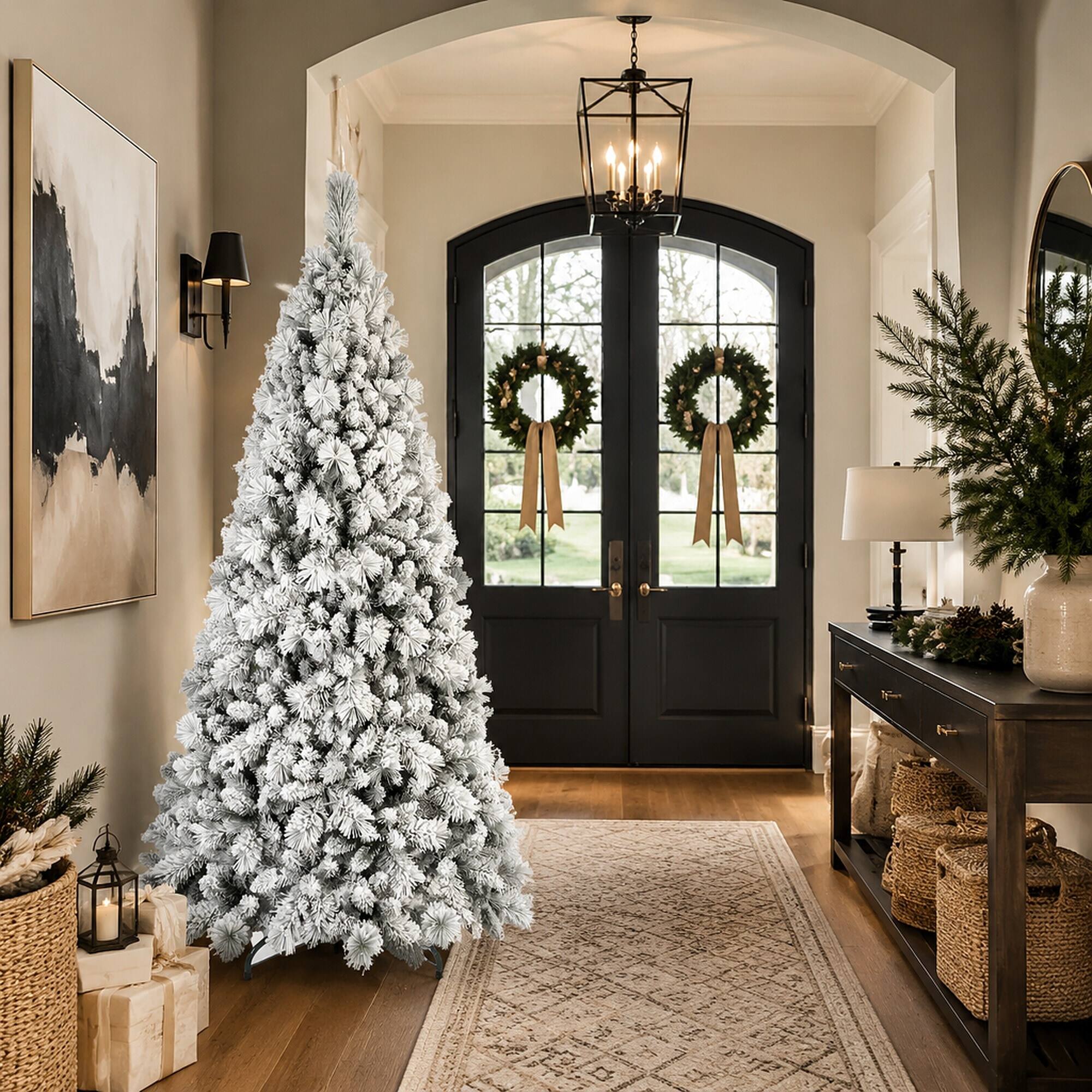 Alt View 2. RYHNUYNE - 7.5FT Flocked Christmas Tree, 1252 Snowy PVC Hard Needle Branches Hinged Design Easy Setup Stable Metal Stand - Green,White.