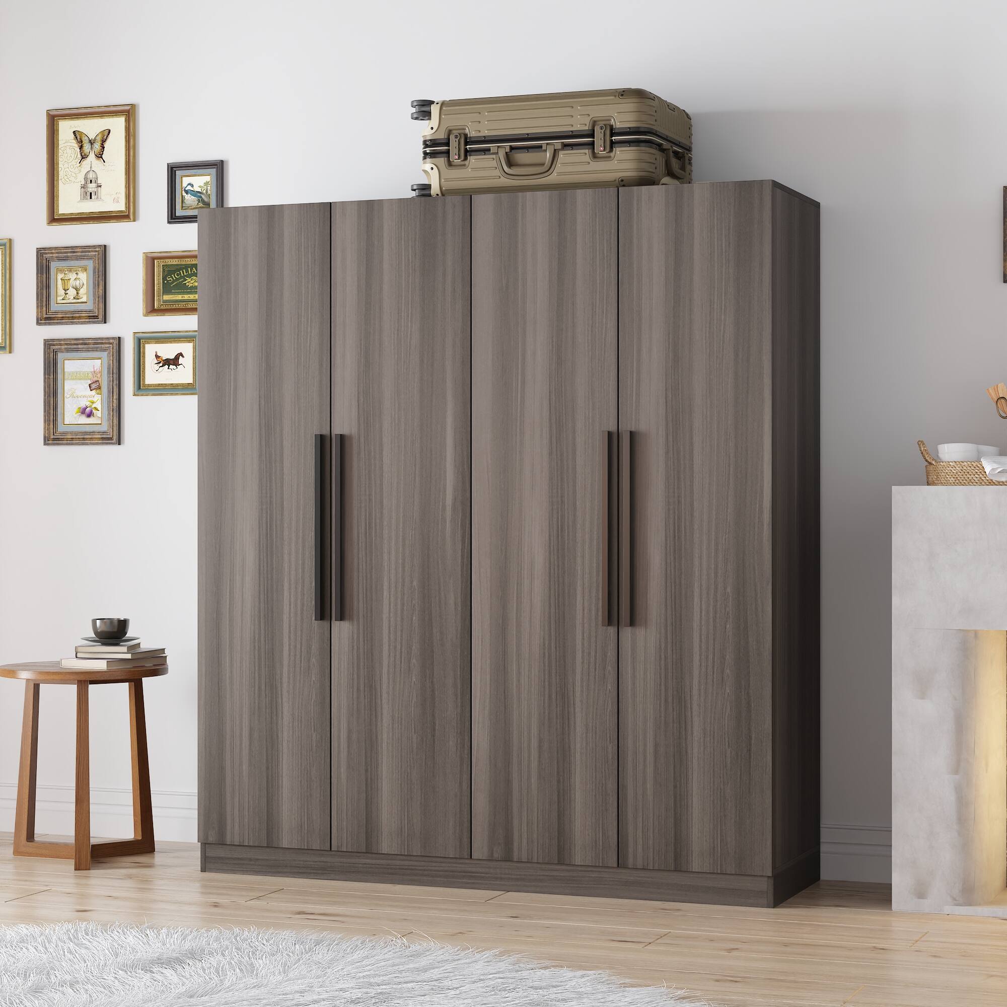 Back. FUFU & GAGA - Modern Wood Grain Four-Door Wardrobe Closet – Spacious Family Storage with Safety Design - Gray.