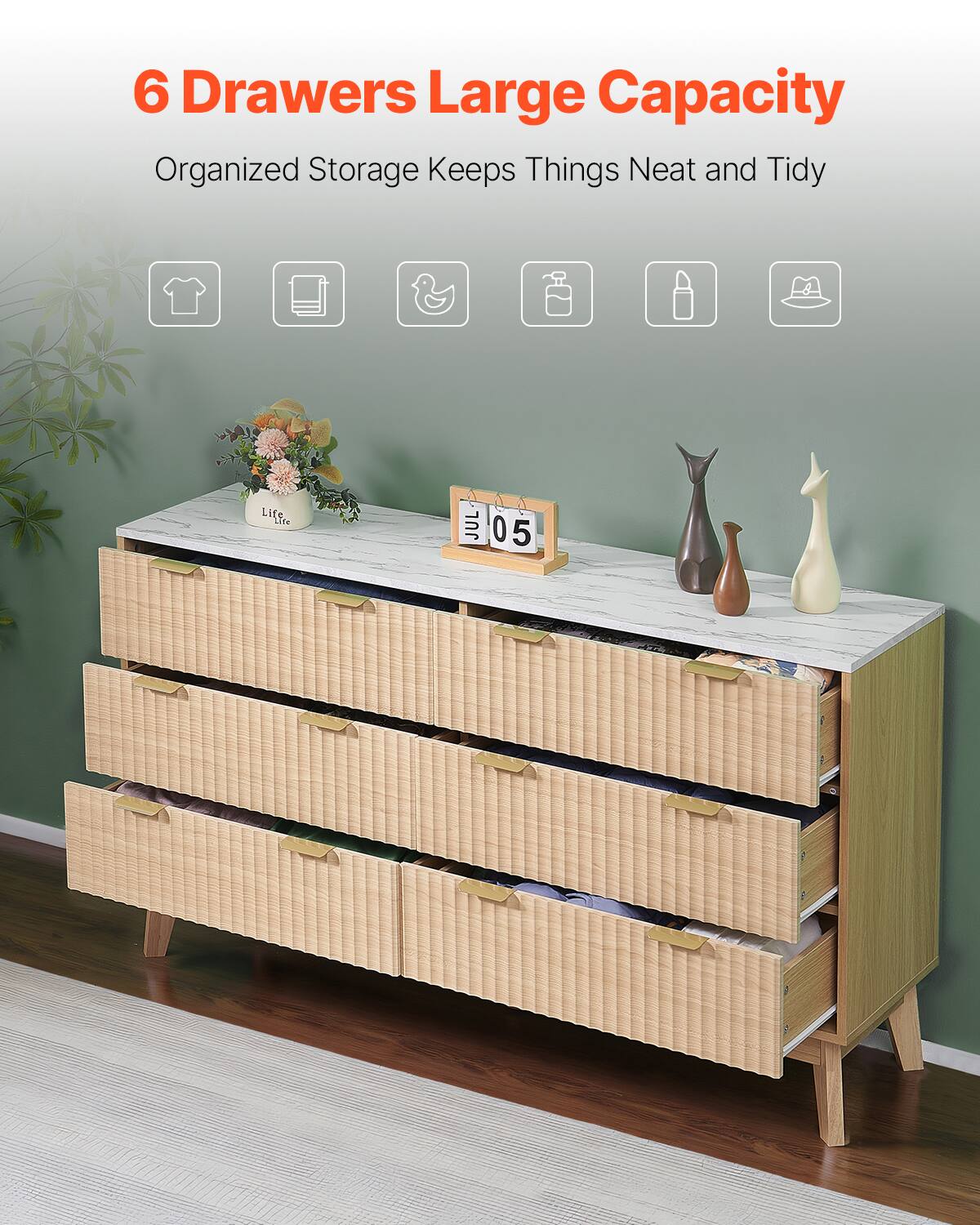 6 Drawers Large Capacity  
Organized Storage Keeps Things Neat and Tidy