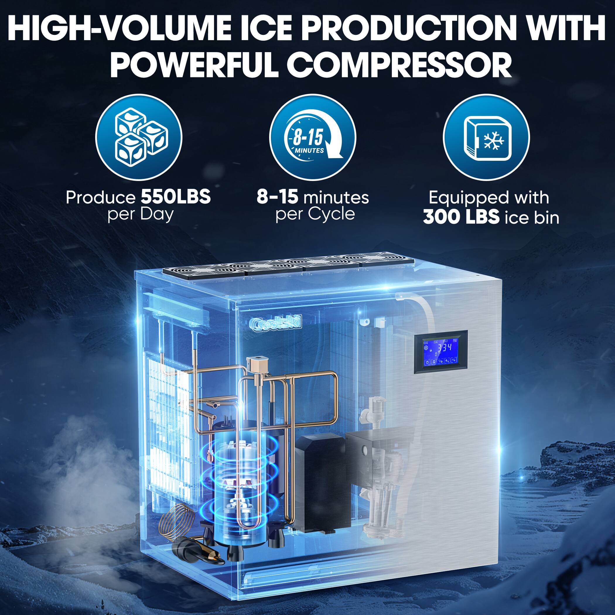 HIGH-VOLUME ICE PRODUCTION WITH POWERFUL COMPRESSOR

- Produce 550LBS per Day
- 8-15 minutes per Cycle
- Equipped with 300 LBS ice bin