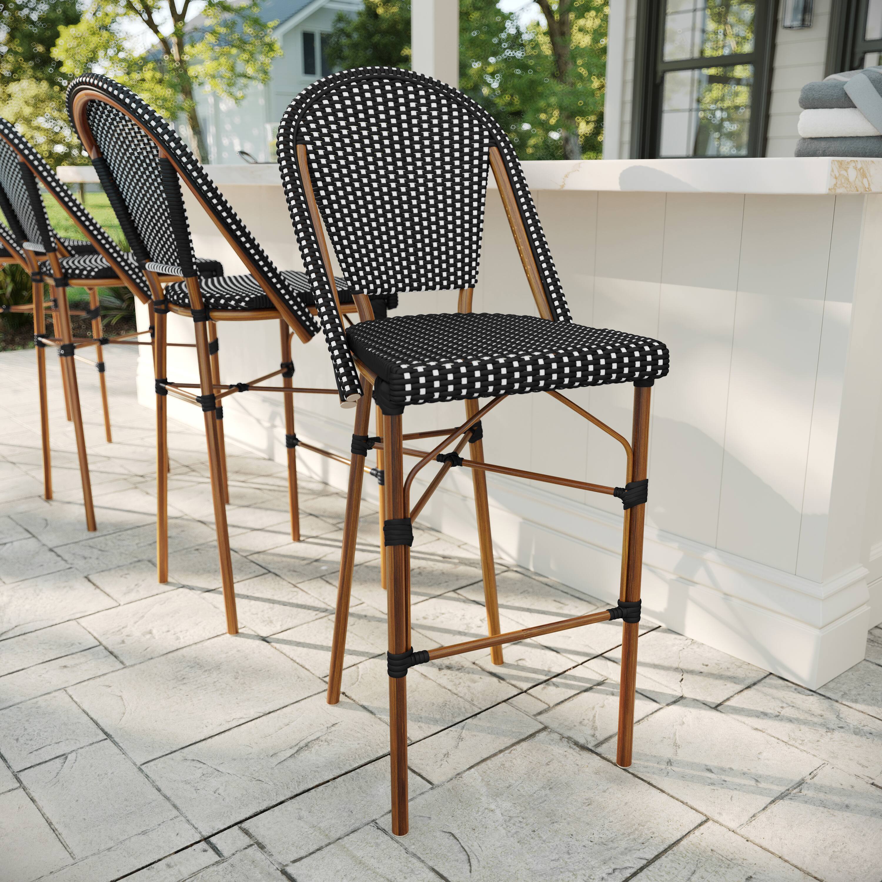Alt View 1. Martha Stewart - Lily Pond All-Weather Stackable Patio Bistro Bar Stool - Black & White/Natural Frame.