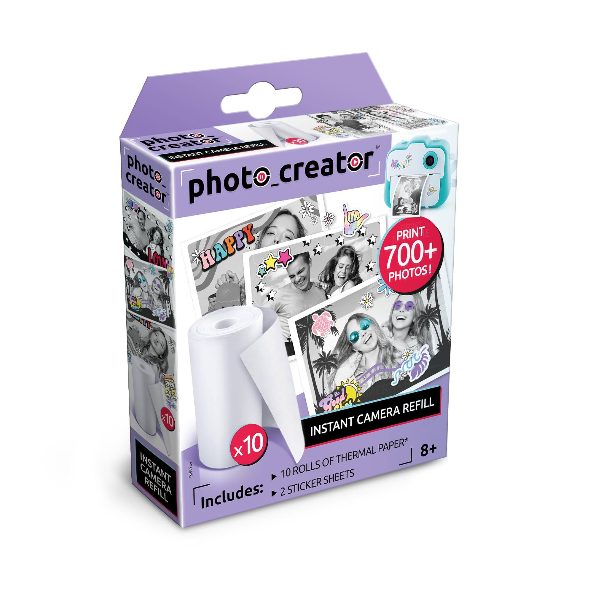photo creator - CAMESARR BISTARET  
photo creator  
PRINT 700+ PHOTOS!  
INSTANT CAMERA REFILL  
10 ROLLS OF THERMAL PAPER*  
8+ SHEETS  
Includes: 2 STICKER SHEETS