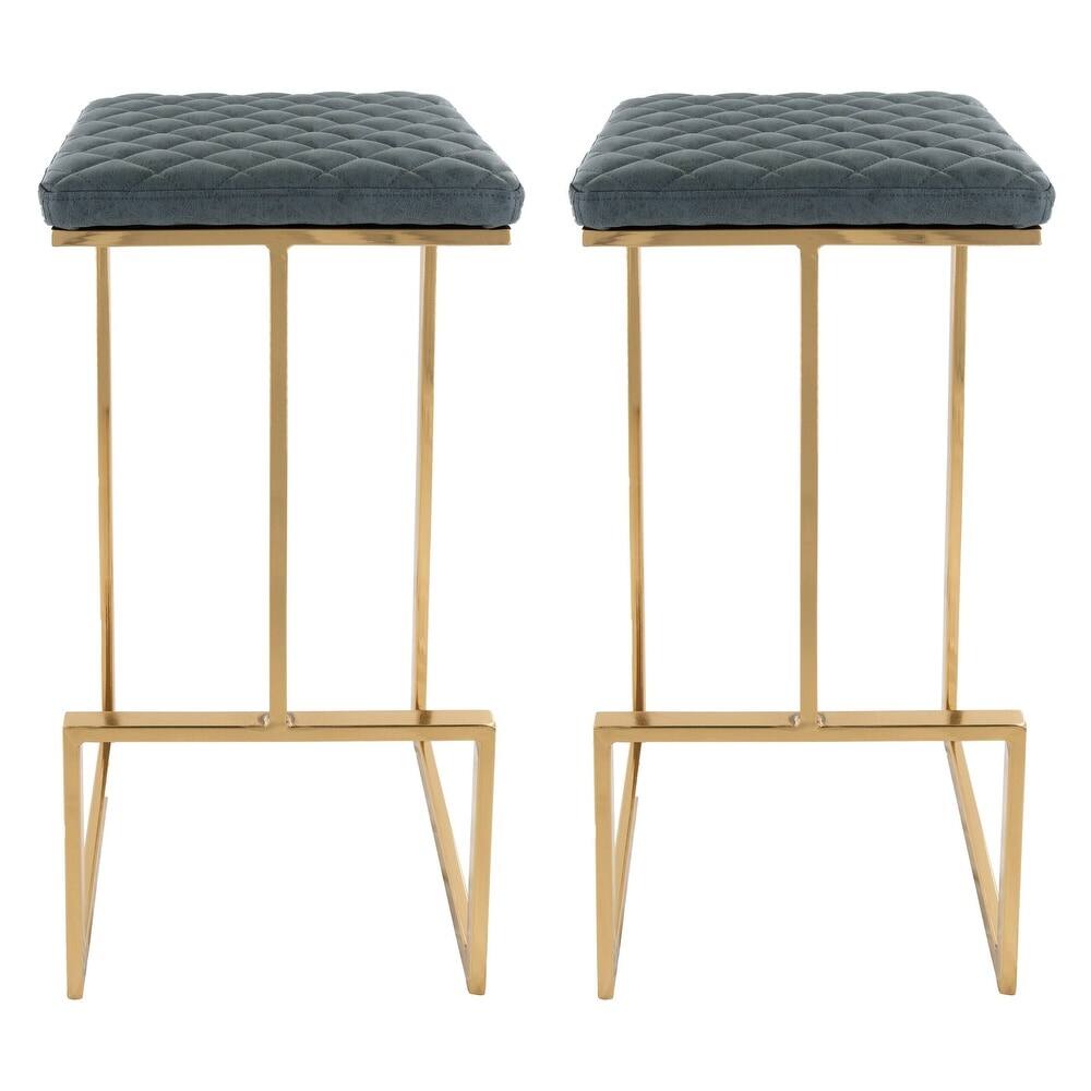 LeisureMod - Quincy Modern Quilted Leather Bar Stool with Gold Metal Frame Counter Height Chair Set of 2 - Peacock Blue
