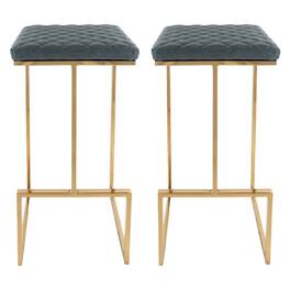LeisureMod - Quincy Modern Quilted Leather Bar Stool with Gold Metal Frame Counter Height Chair Set of 2 - Peacock Blue