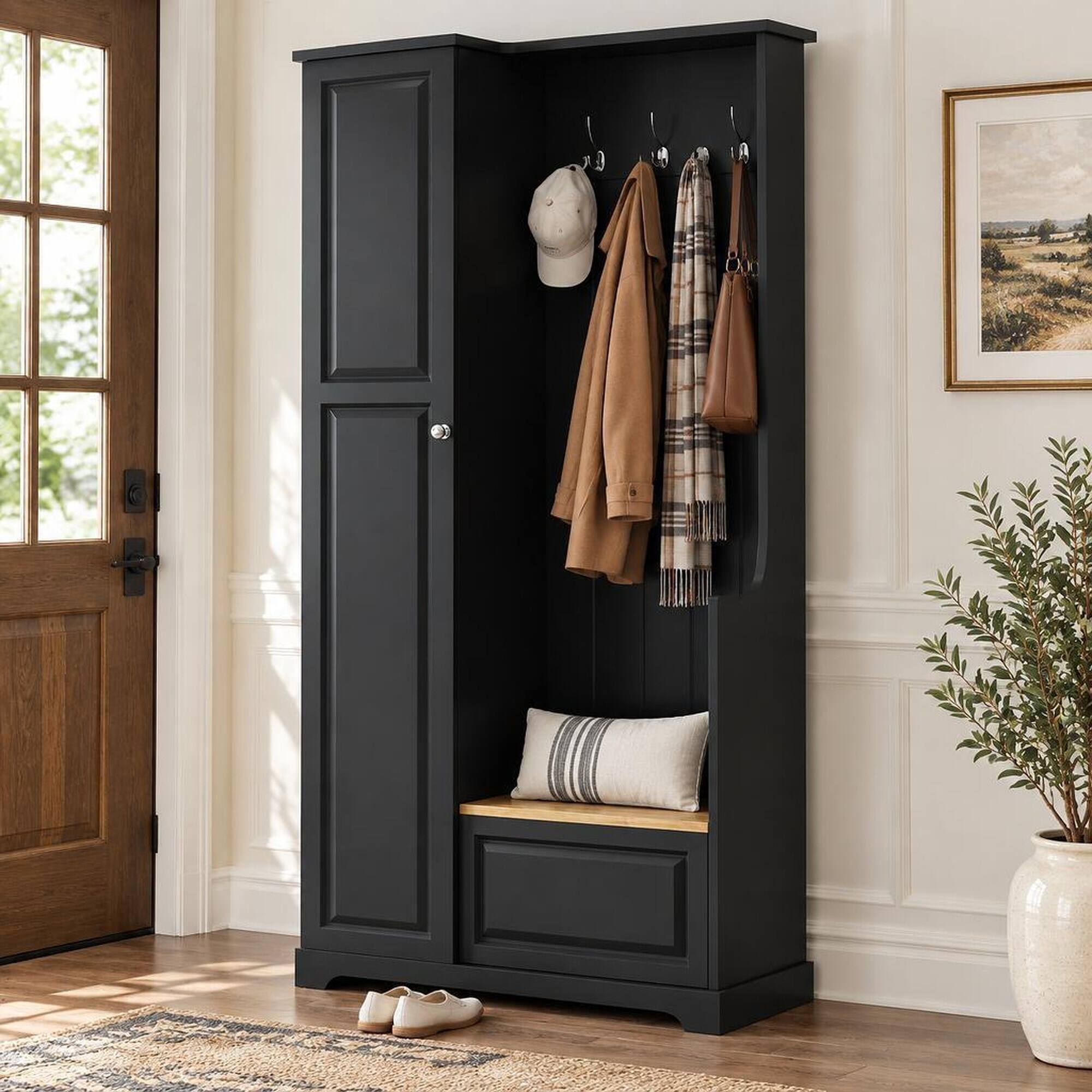 Back. RYHNUYNE - Black Hall Tree, Flip-Up Bench, 4 Shelves, 3 Hooks, MDF, Particle Board, 70.35 in Tall, Entryway and Mudroom Storage - Black.