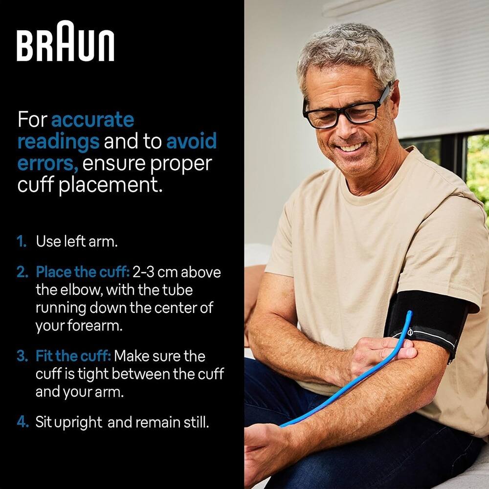 For accurate readings and to avoid errors, ensure proper cuff placement.

1. Use left arm.
2. Place the cuff: 2-3 cm above the elbow, with the tube running down the center of your forearm.
3. Fit the cuff: Make sure the cuff is tight between the cuff and your arm.
4. Sit upright and remain still.