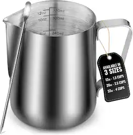 Zulay Kitchen - Milk Frothing Pitcher with Latte Art Pen – Stainless Steel Frother Cup with Measurement Markings 32oz - Silver
