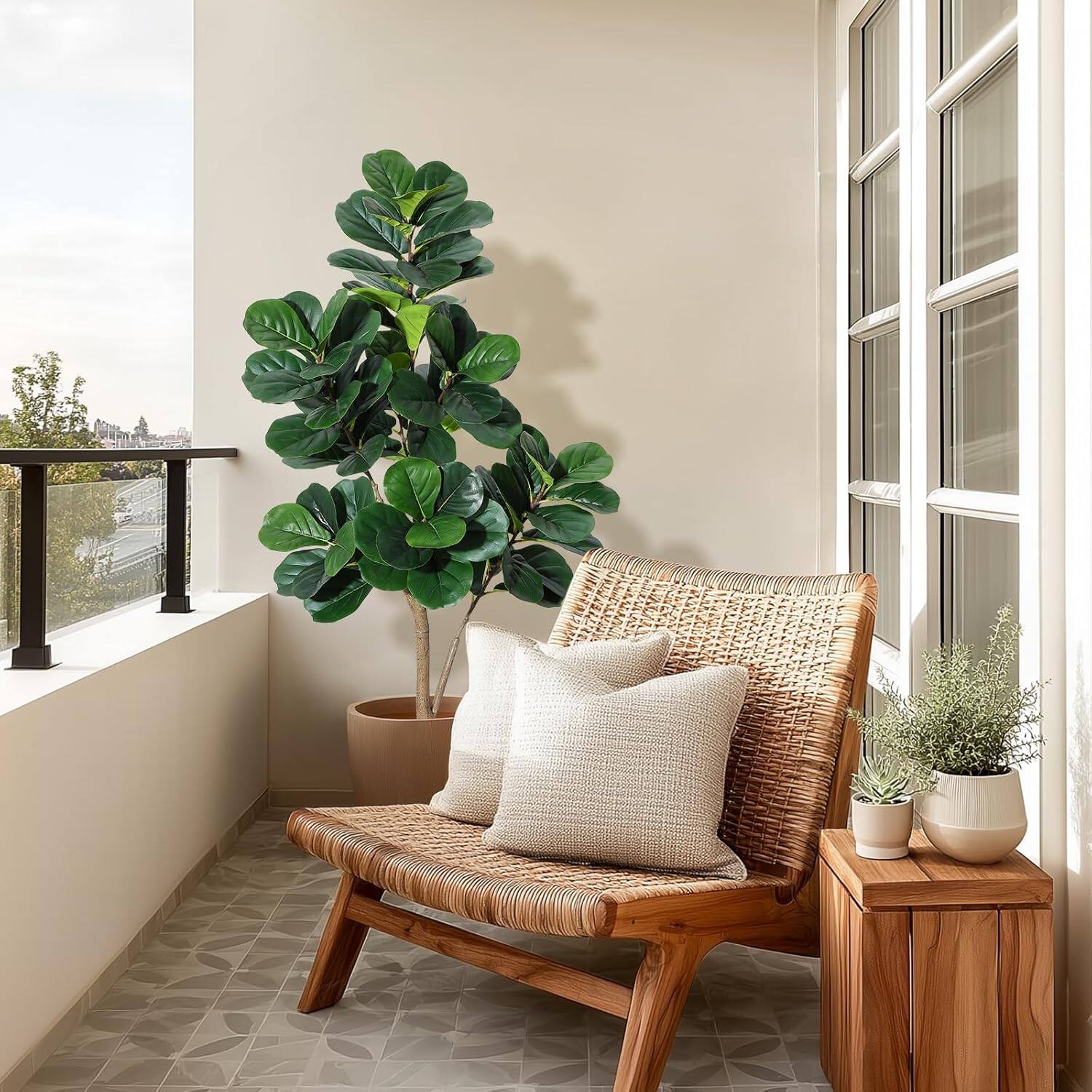 Alt View 1. Acekool - 5FT Fiddle Leaf Fig Tree Artificial, 77 Leaves, Grey Planter, Faux Floor Plant for Indoor Home Office Decor.