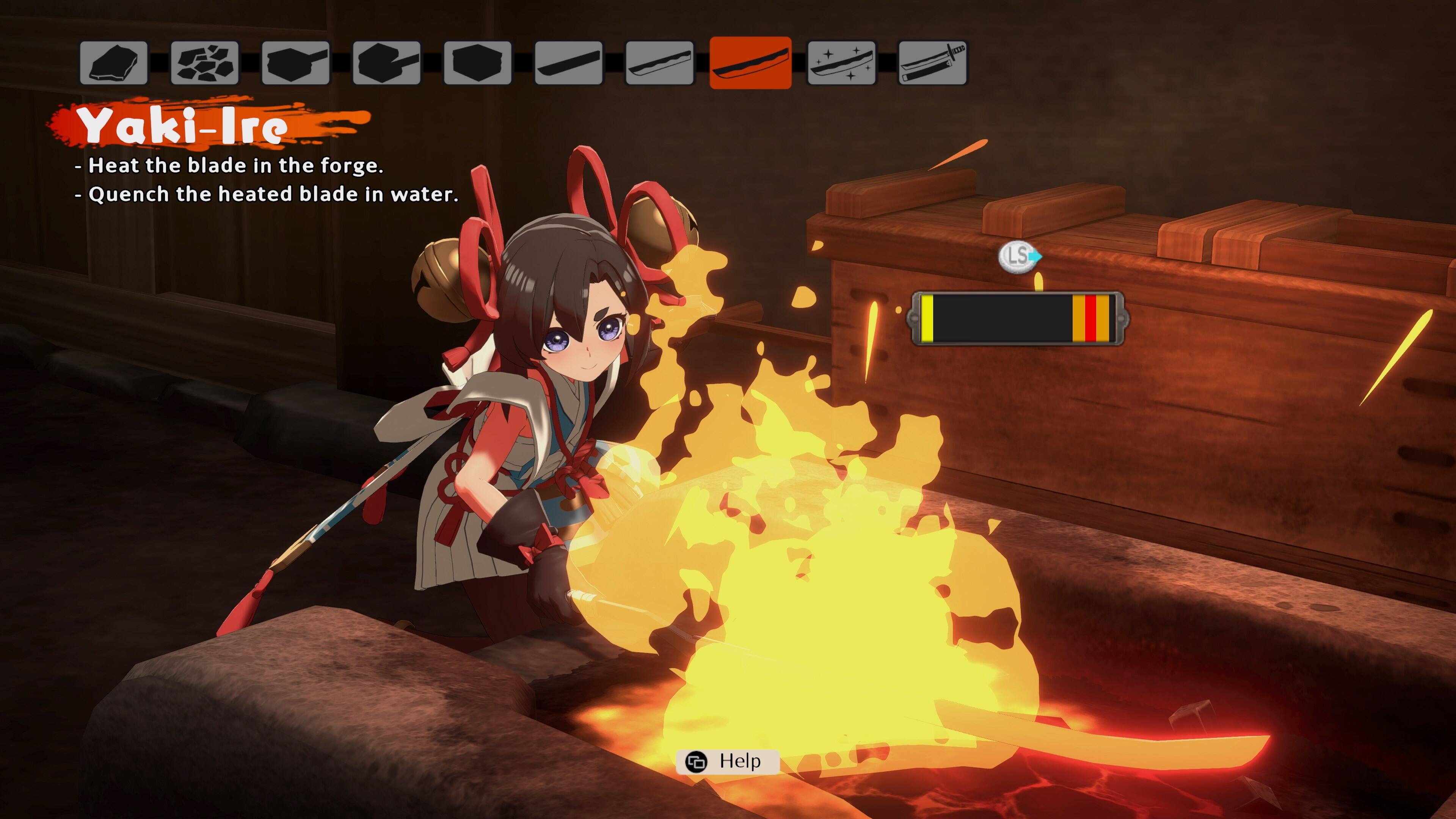 Yaki-Ire  
- Heat the blade in the forge.  
- Quench the heated blade in water.  

Help