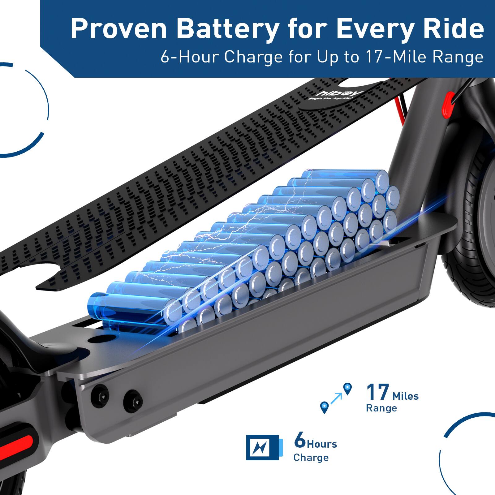 Proven Battery for Every Ride  
6-Hour Charge for Up to 17-Mile Range  

17 Miles Range  
6 Hours Charge