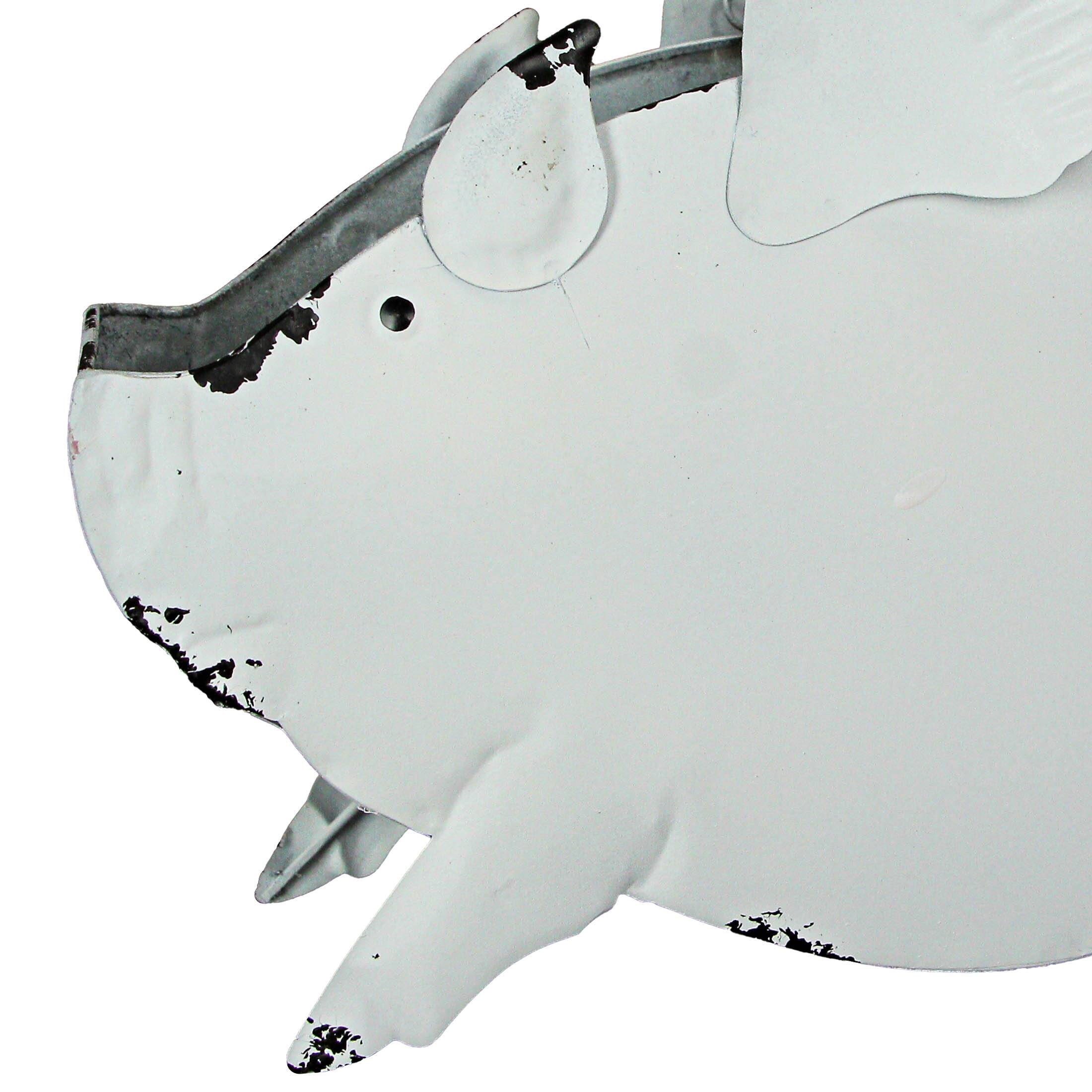 Alt View 5. Zeckos - Metal Distressed White Flying Pig Hanging Planter Set Large & Small Flower Pots - White.