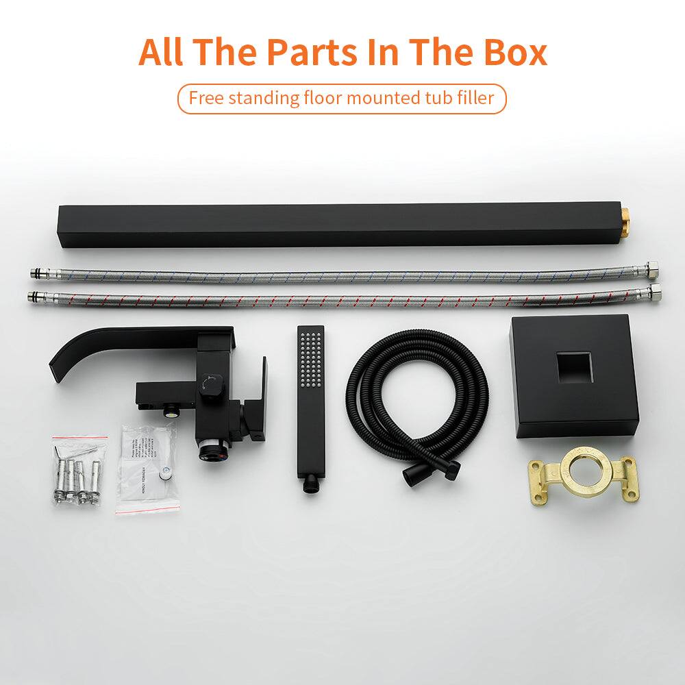 All The Parts In The Box  
Free standing floor mounted tub filler