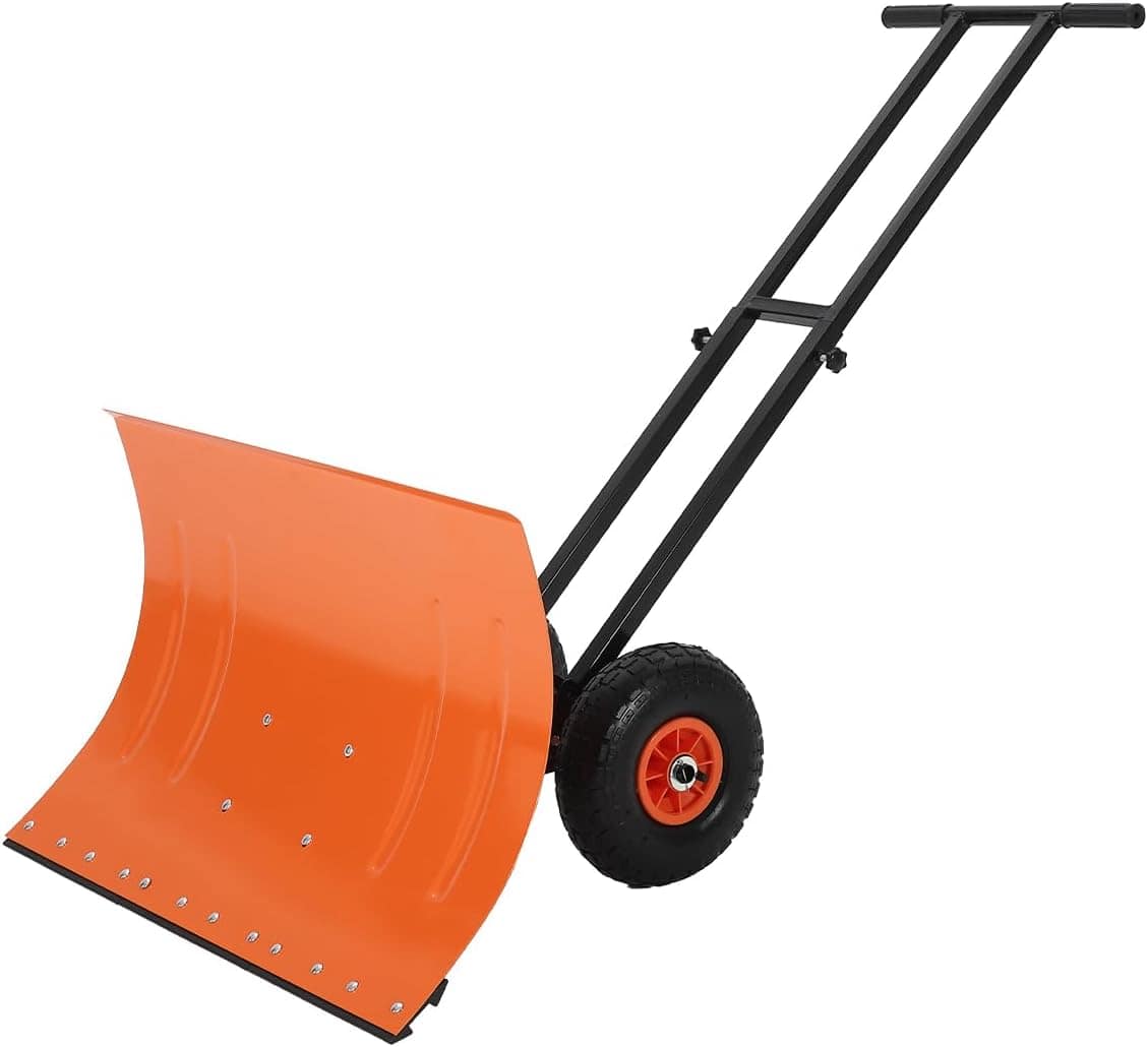 Babevy - 29in Wide Wheeled Snow Shovel, Double Pole, 5-Position Handle/Angle, Adjustable Driveway Tool