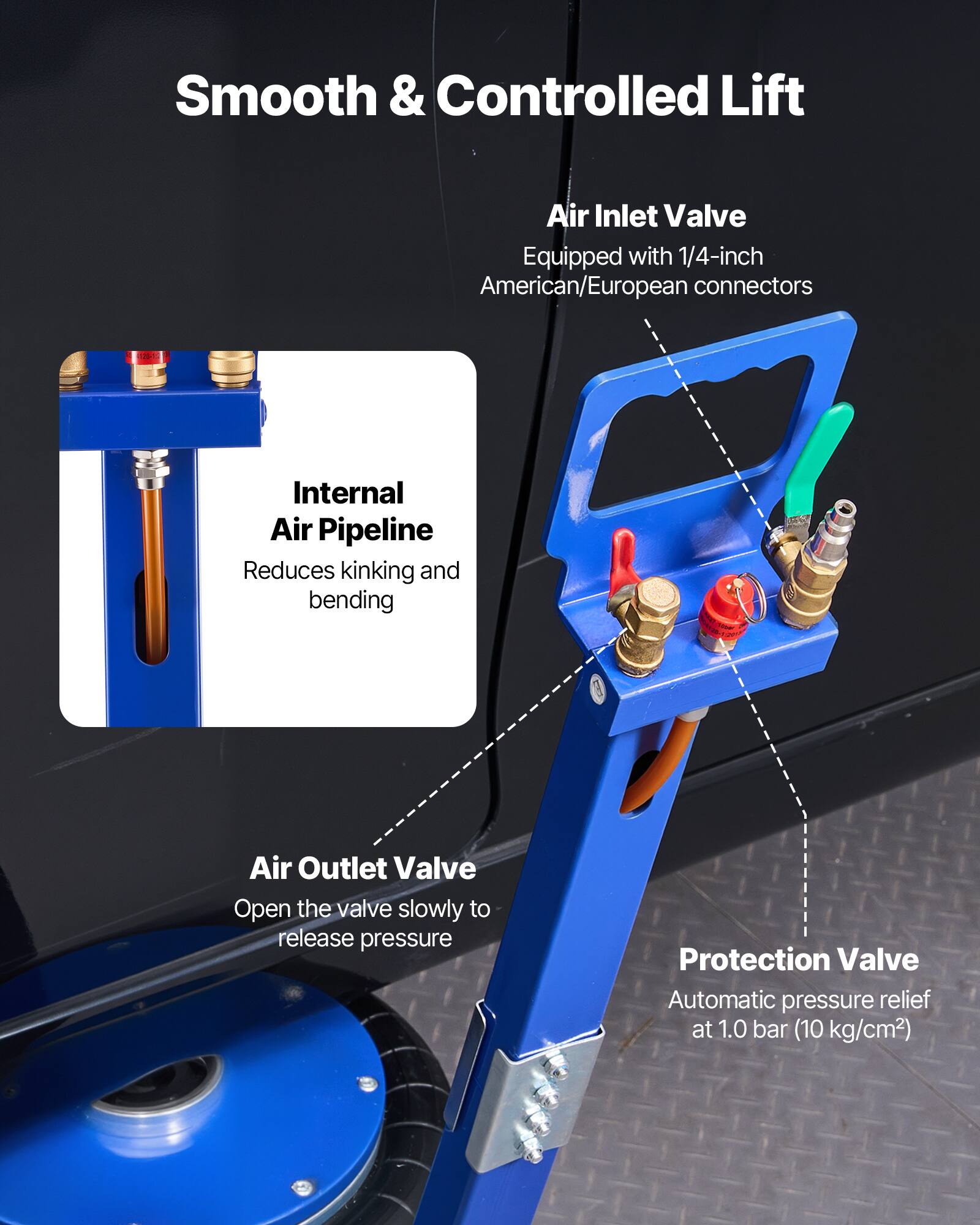 Smooth & Controlled Lift

Air Inlet Valve
Equipped with 1/4-inch American/European connectors

Internal Air Pipeline
Reduces kinking and bending

Air Outlet Valve
Open the valve slowly to release pressure

Protection Valve
Automatic pressure relief at 1.0 bar (10 kg/cm²)