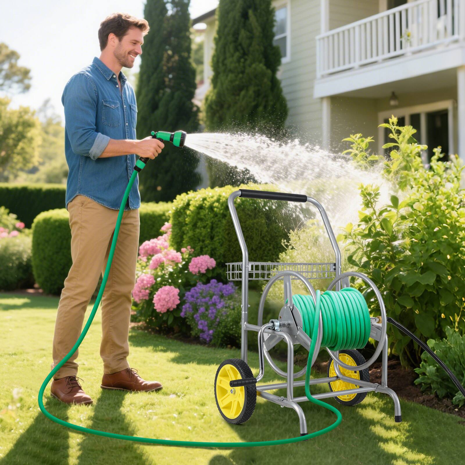 Alt View 3. Gymax - Gymax Garden Hose Reel Cart 230 FT of 5/8'' Large Capacity w/ 2 Wheels Storage Basket Silver - Silver.