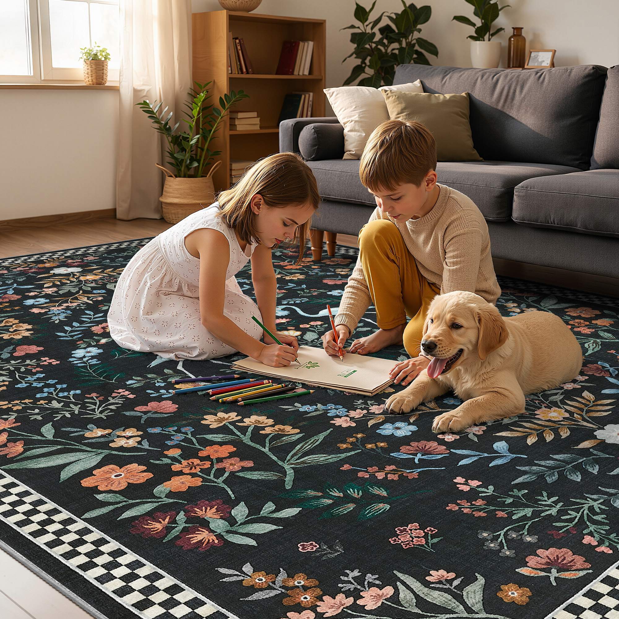 Alt View 2. Yardgrace - 5' x 7' ft Washable Farmhouse Floral Area Rug with Non-Slip for Bedroom Nursery Living Room Decor - Black.