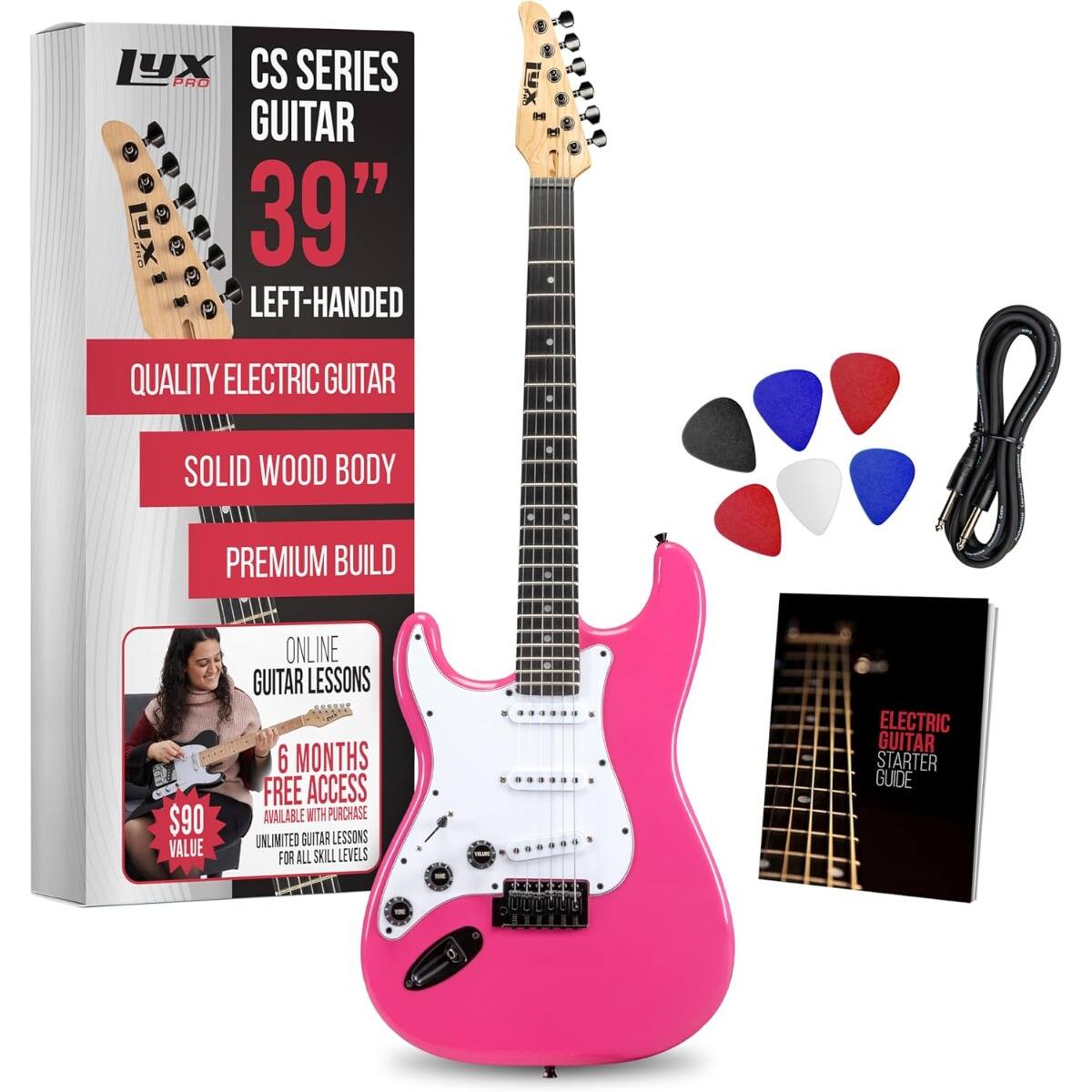 Lyxpro - CS 39” Electric Guitar Kit for Beginner with Amp Cable, 6 Picks & Guide - Natural