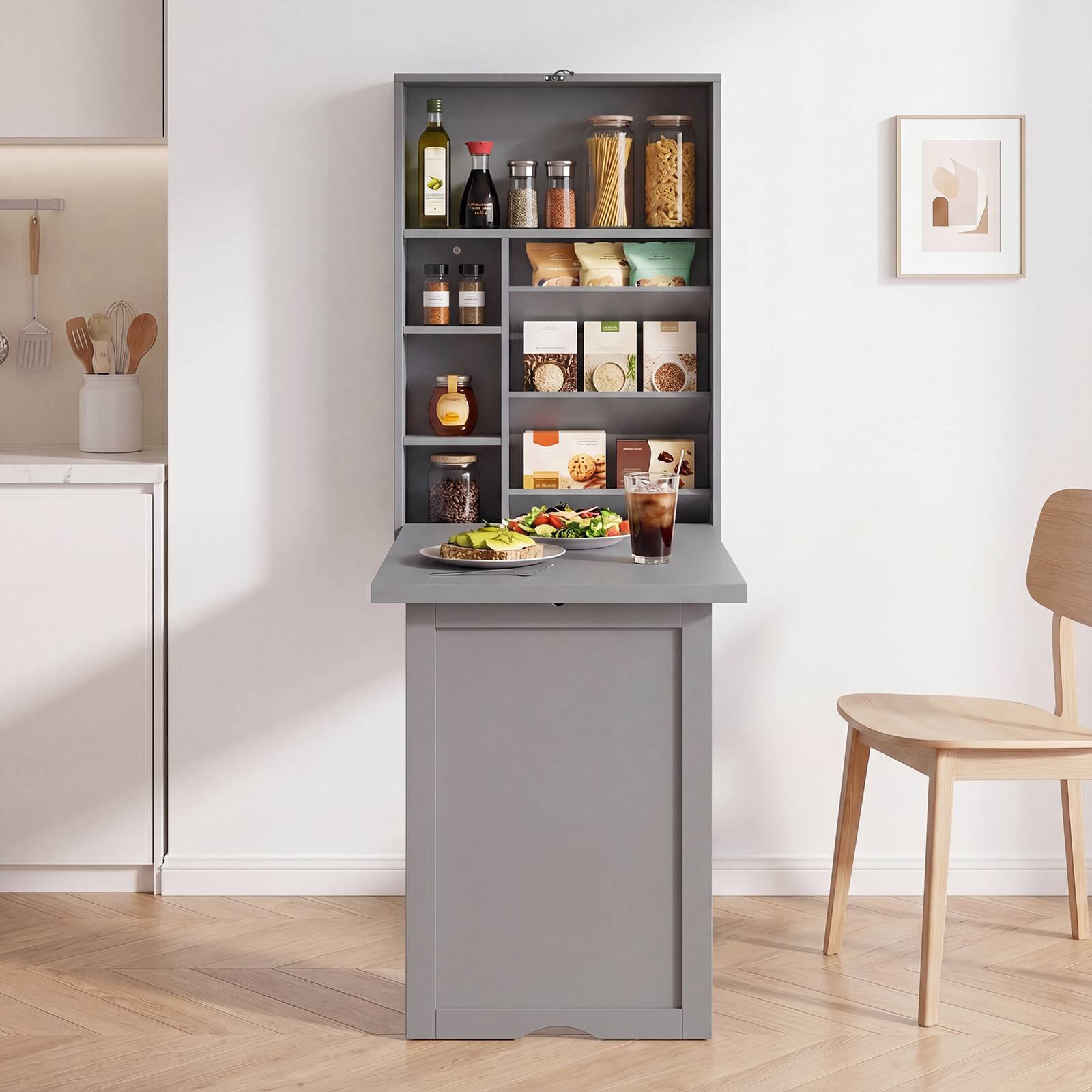 Alt View 4. Costway - Wall Mounted Computer Convertible Desk with Bookcases - Grey.