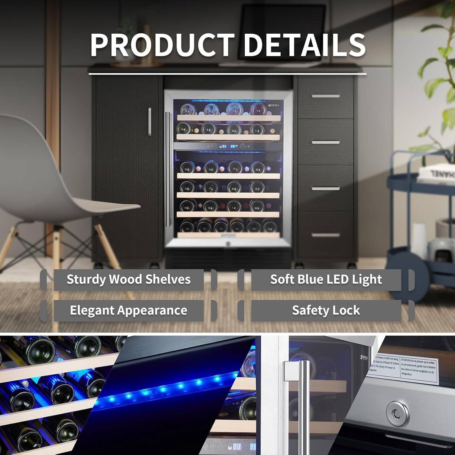 PRODUCT DETAILS

- Sturdy Wood Shelves
- Soft Blue LED Light
- Elegant Appearance
- Safety Lock