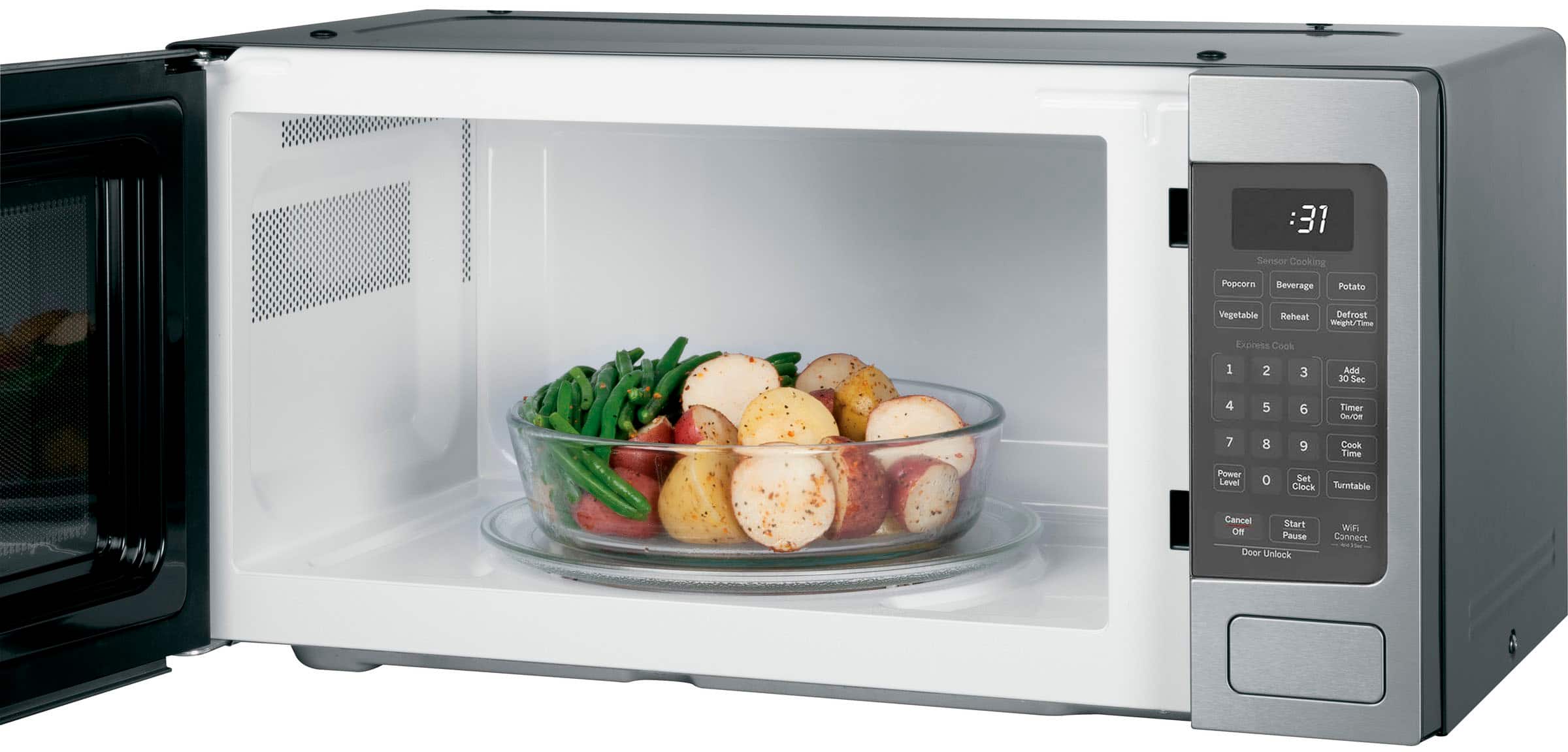 The image features a microwave with a bowl of food inside. The microwave has a digital display and buttons, including a timer and power level. The buttons are labeled with numbers 1 to 9, which correspond to different cooking options, such as cooking time, power level, and defrosting. The microwave also has a turntable for even cooking and a cancel button to stop the cooking process. Additionally, the microwave has a wifi connect feature, which allows users to control it remotely through their smartphones or other devices.