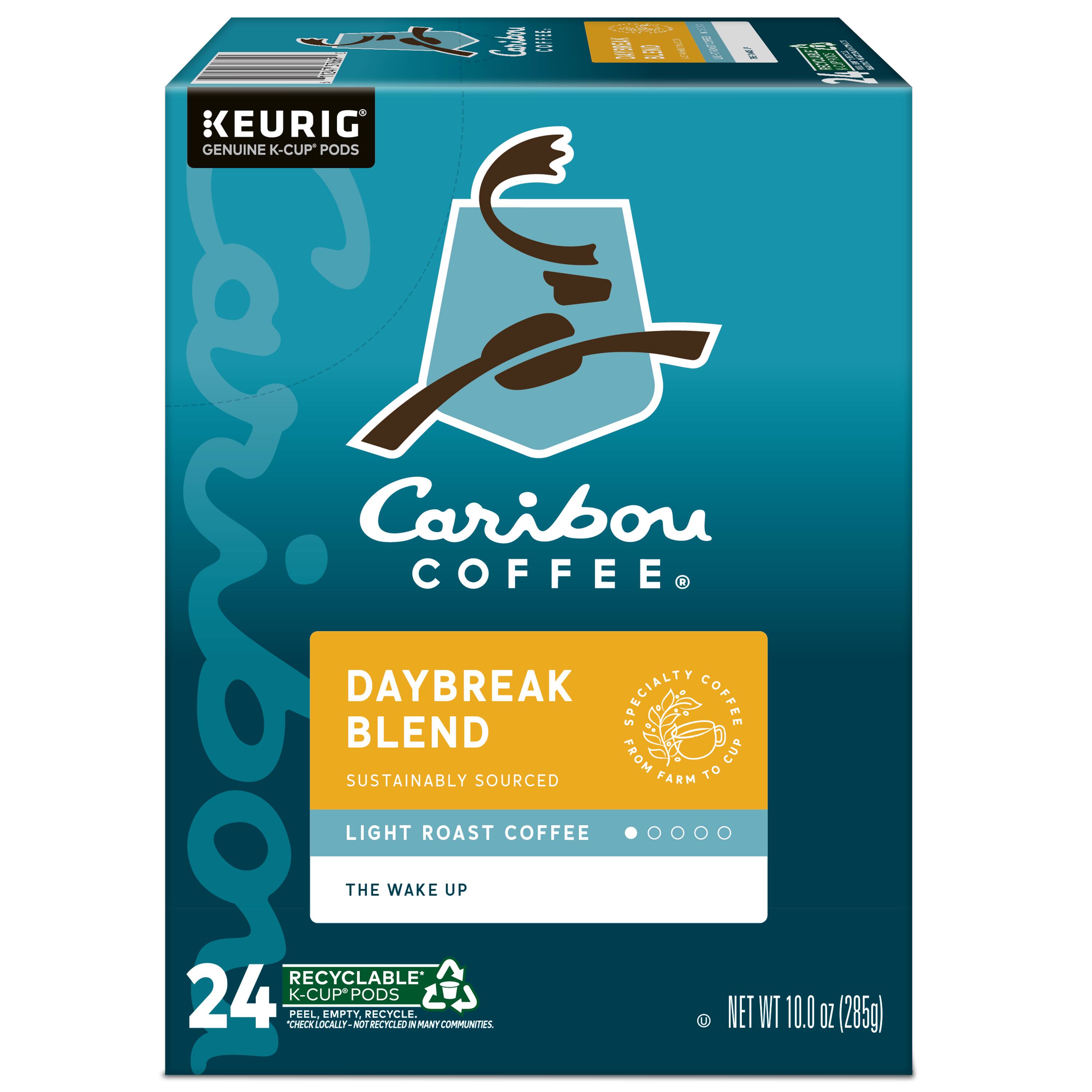 Caribou Coffee Daybreak Blend is a sustainably sourced, light roast coffee that is locally-sourced, peel and empty. It is made from 24 K-Cup pods and is recyclable. The box contains 10.0 oz (285g) of coffee.