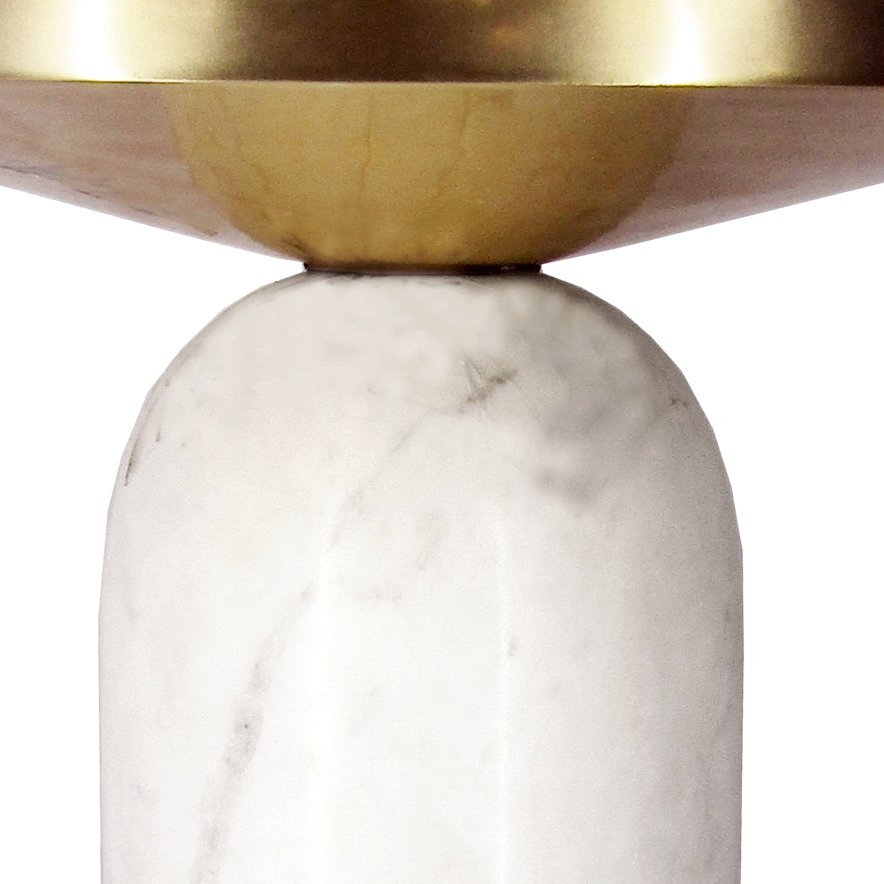 Alt View 5. Manhattan Lane - 17 Inch Round Brass Modern Accent End Table with Cylindrical Marble Base - Brass, White.