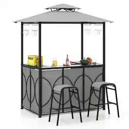 Costway - 3 PCS Patio Bar Set with Tempered Glass Bar Table Metal Storage Shelves for Garden - Gray