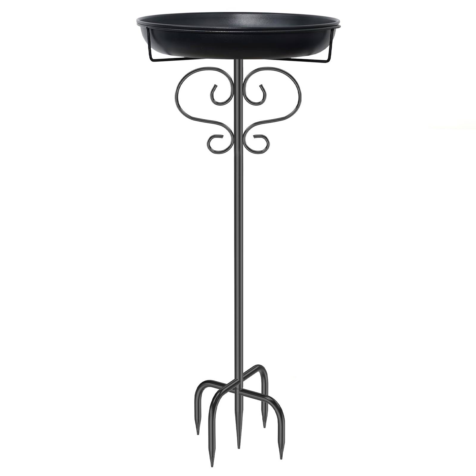 Front. Dazzed Corner - Metal Birdbath Birdfeeder with Heavy Duty 5 Prong Stake - Black.