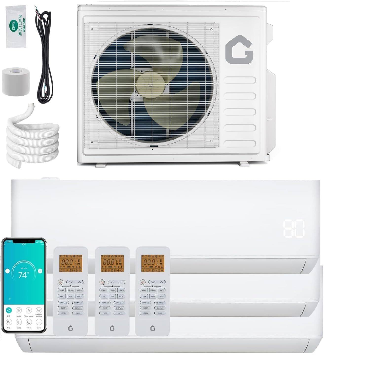 GARVEE - 28000BTU 3 Zone (9000+9000+12000 BTU) Mini Ductless Split Air Conditioner & Heat Pump w/Pre-Charged Condenser,220V AC - White