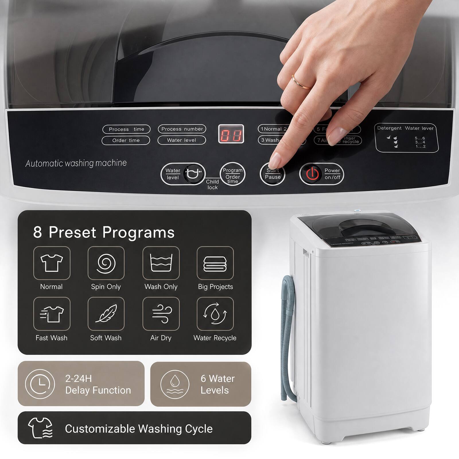 Process time  
Process number  
Order time  
Water level  

1 Normal 2  
5  
Detergent Water lever  
3 Wash  
7 Air dry, recycle  
5...6 3...4 1...2  

Automatic washing machine  
Water level  
Program Order Child time lock  
Start Pause  
Power on/off  

8 Preset Programs  
Normal  
Spin Only  
Wash Only  
Big Projects  
Fast Wash  
Soft Wash  
Air Dry  
Water Recycle  
2-24H Delay Function  
6 Water Levels  
Customizable Washing Cycle