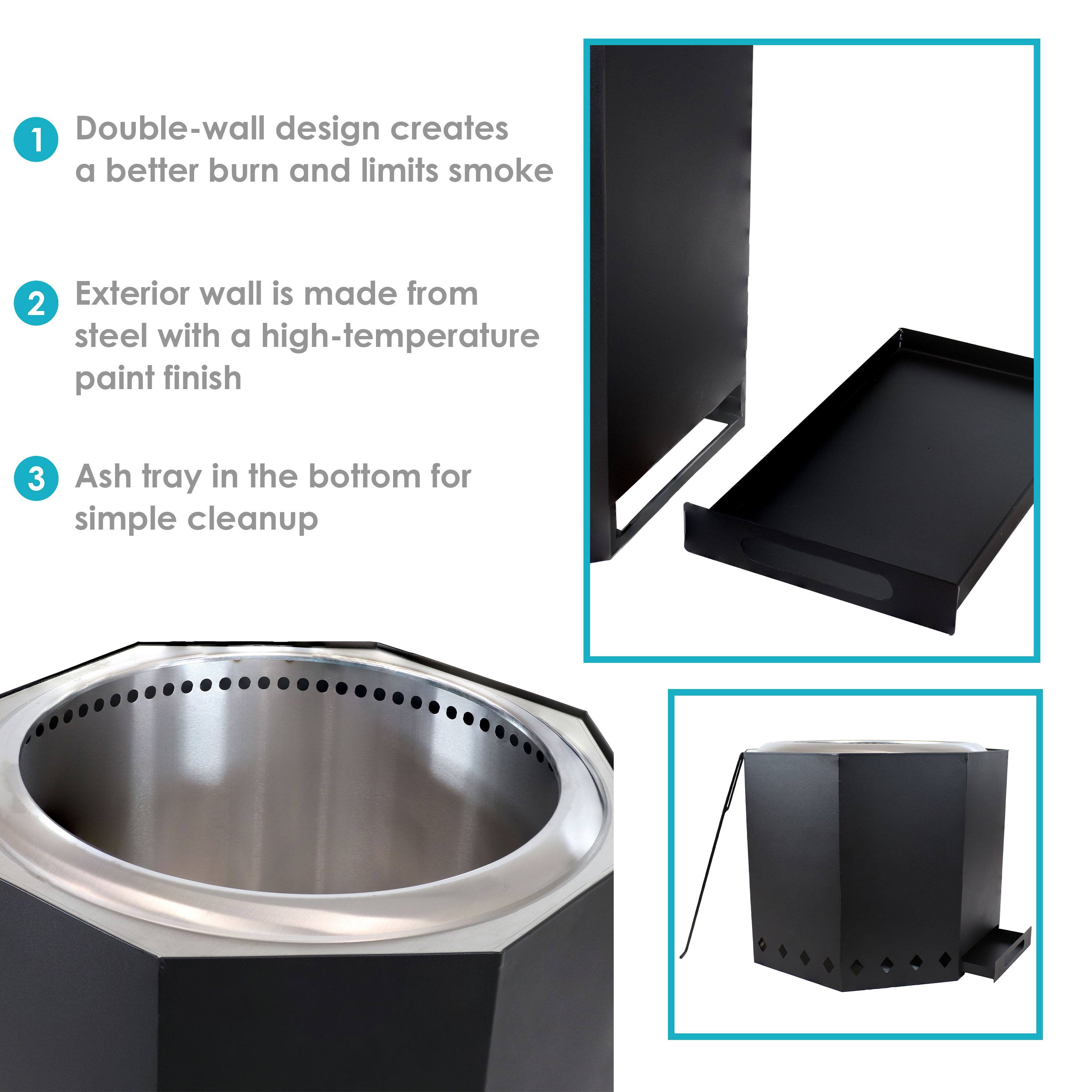 1. Double-wall design creates a better burn and limits smoke  
2. Exterior wall is made from steel with a high-temperature paint finish  
3. Ash tray in the bottom for simple cleanup
