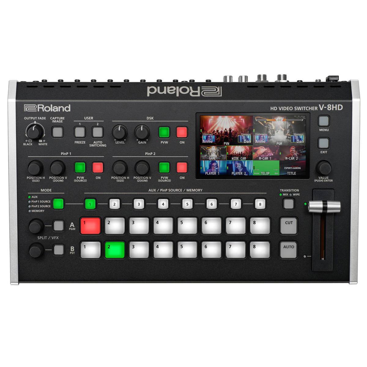 Roland OUTPUT FADE CAPTURE USER IMAGE - FREEZE AUTO BLACK WHITE SWITCHING LEVEL Roland DSK I GAIN PVW ON Pin1 Pin2 POSITION H POSITION V PVW ON POSITION H POSITION V PVW ON PLAYER 1 PLAYER 2. TELOP cunses LAMENG TITLE VALUE PPUSHI ENTER MODE ALER nu SOURCE PUPI SOURCE MEMORY 1 2 3 AUX / Fin? SOURCE / MEMORY 4 5 6 7 E TRANSITION MEE . WIh A PEM 1 2 3 4 5 6 7 8 CUT SPLIT / VFX PST 1 2 3 4 5 5 7 8 AUTO