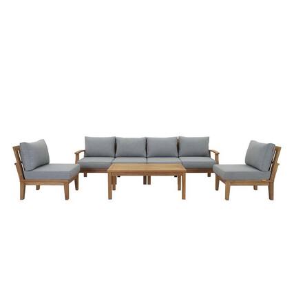 Front. Modway - Marina 7-Piece Outdoor Teak Patio Set - Solid Teak, Cushioned Seats, Machine-Washable Covers - Natural Gray.