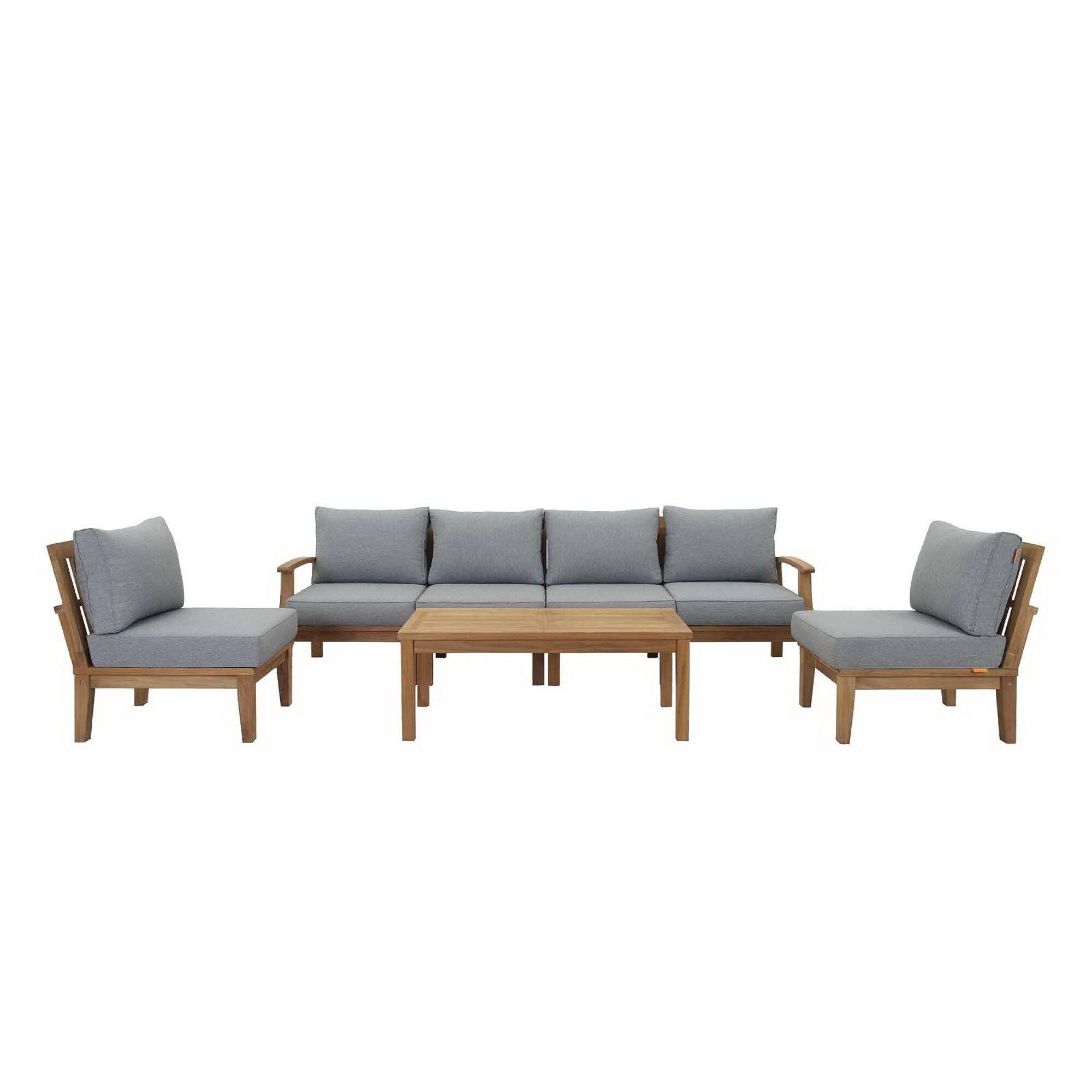 Front. Modway - Marina 7-Piece Outdoor Teak Patio Set - Solid Teak, Cushioned Seats, Machine-Washable Covers - Natural Gray.