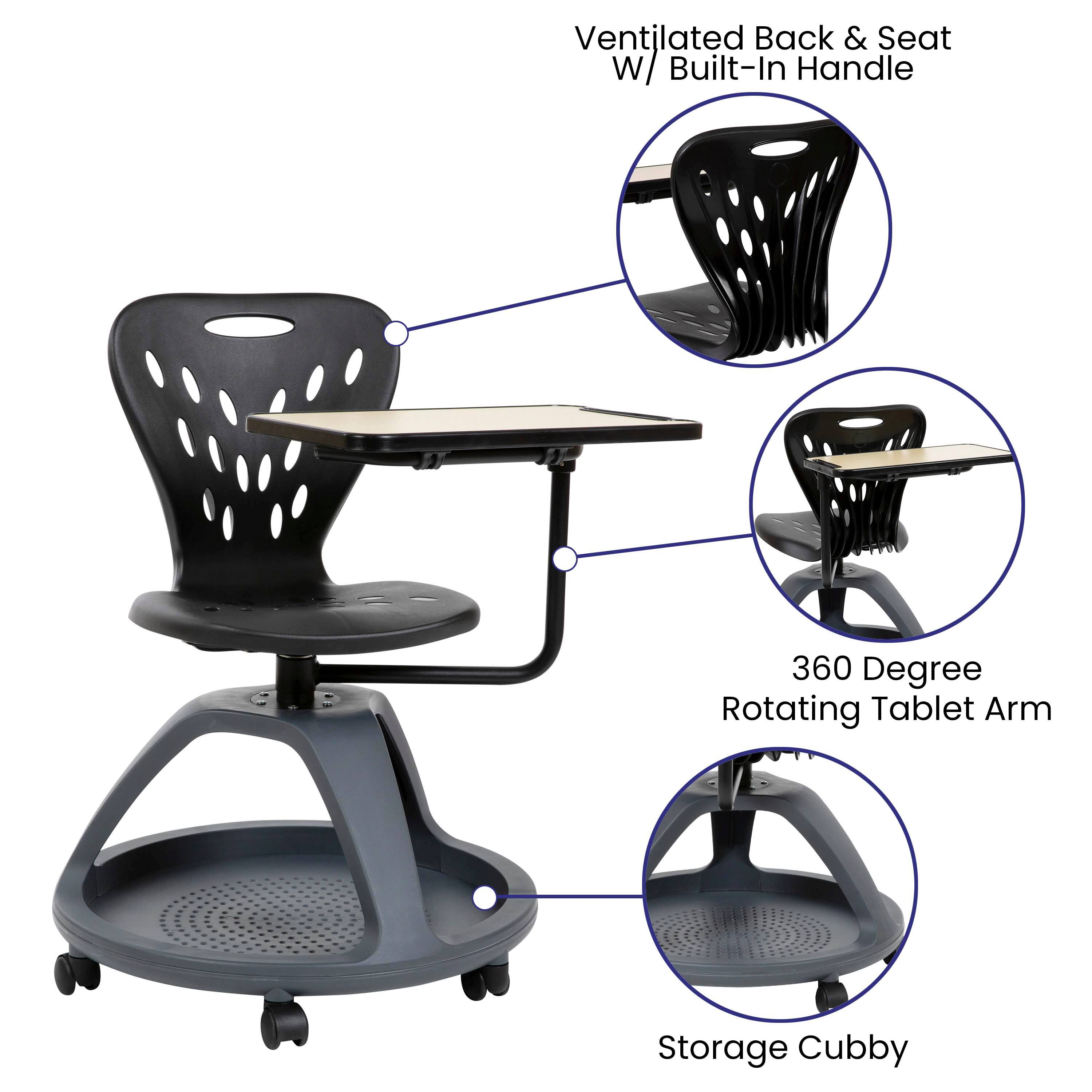Ventilated Back & Seat W/ Built-In Handle  
360 Degree Rotating Tablet Arm  
Storage Cubby